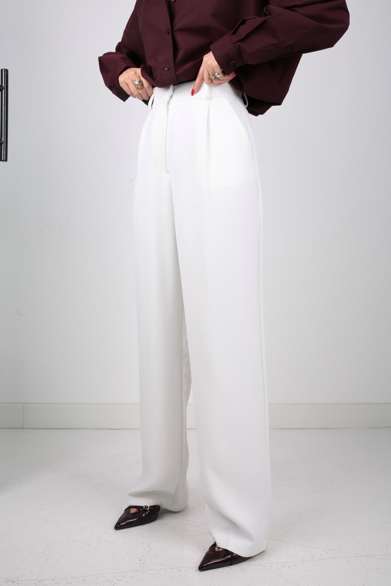 Tek Pile Beyaz Palazzo Pantolon PANTOLON