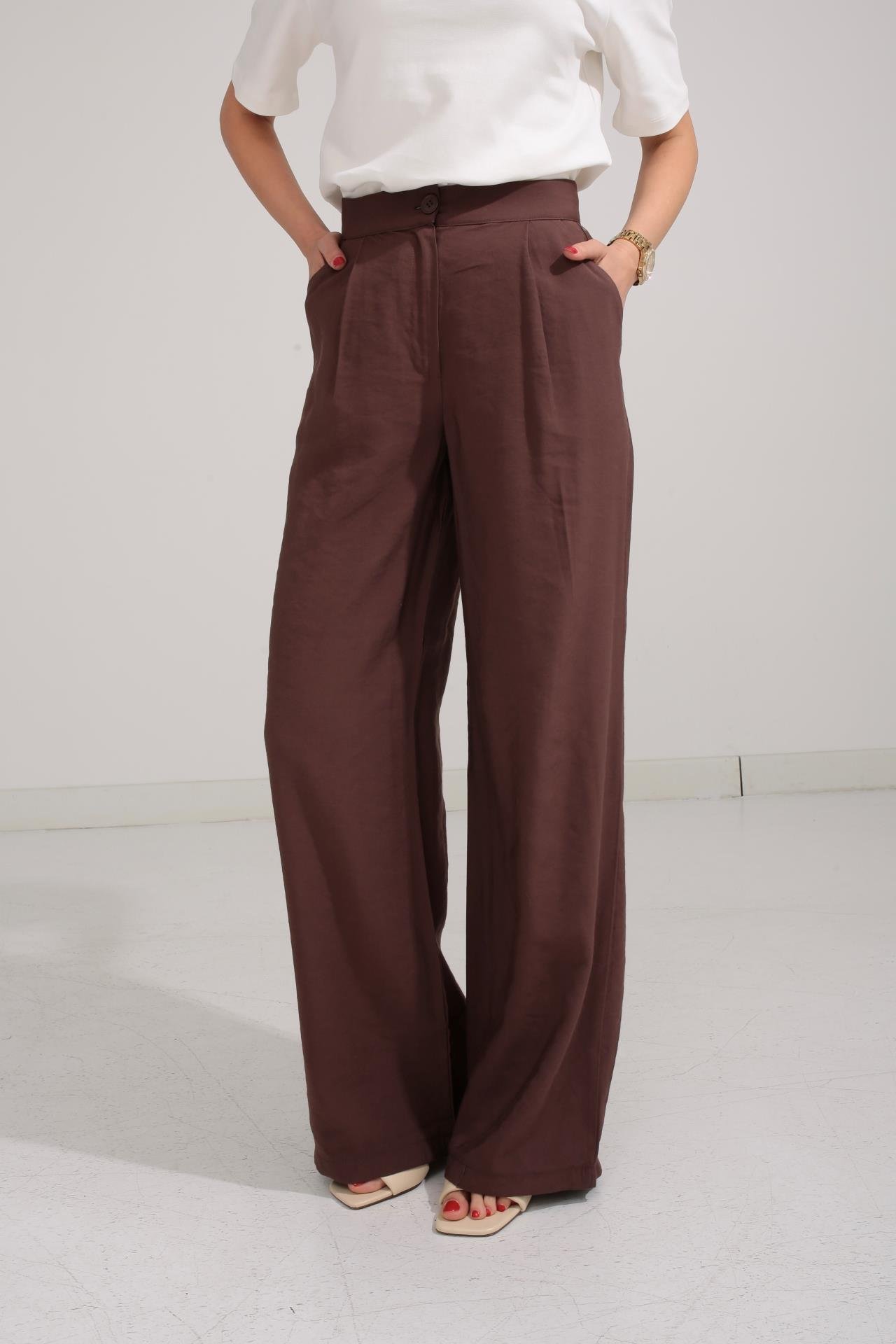 Tensel Kumaş Kahve Bol Paça Pantolon PANTOLON | NO33