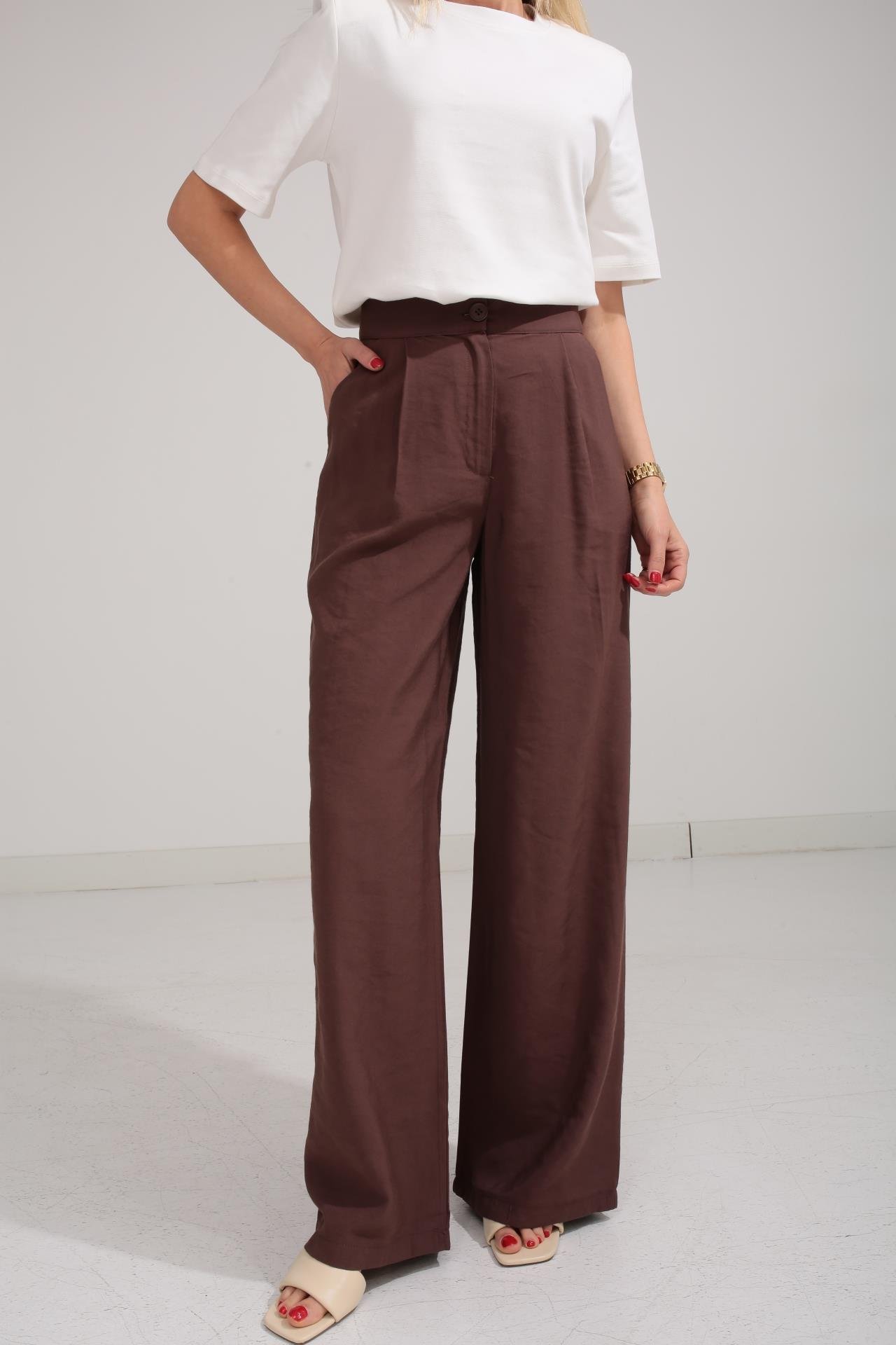 Tensel Kumaş Kahve Bol Paça Pantolon PANTOLON | NO33