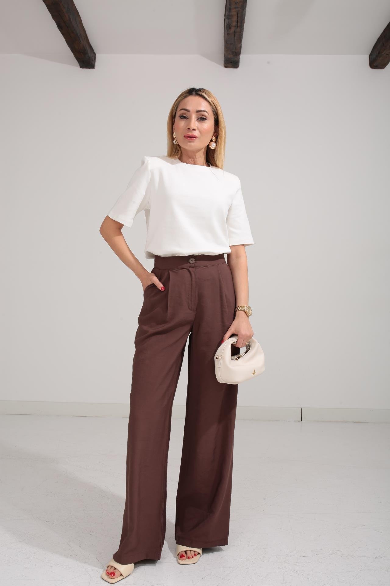 Tensel Kumaş Kahve Bol Paça Pantolon PANTOLON | NO33