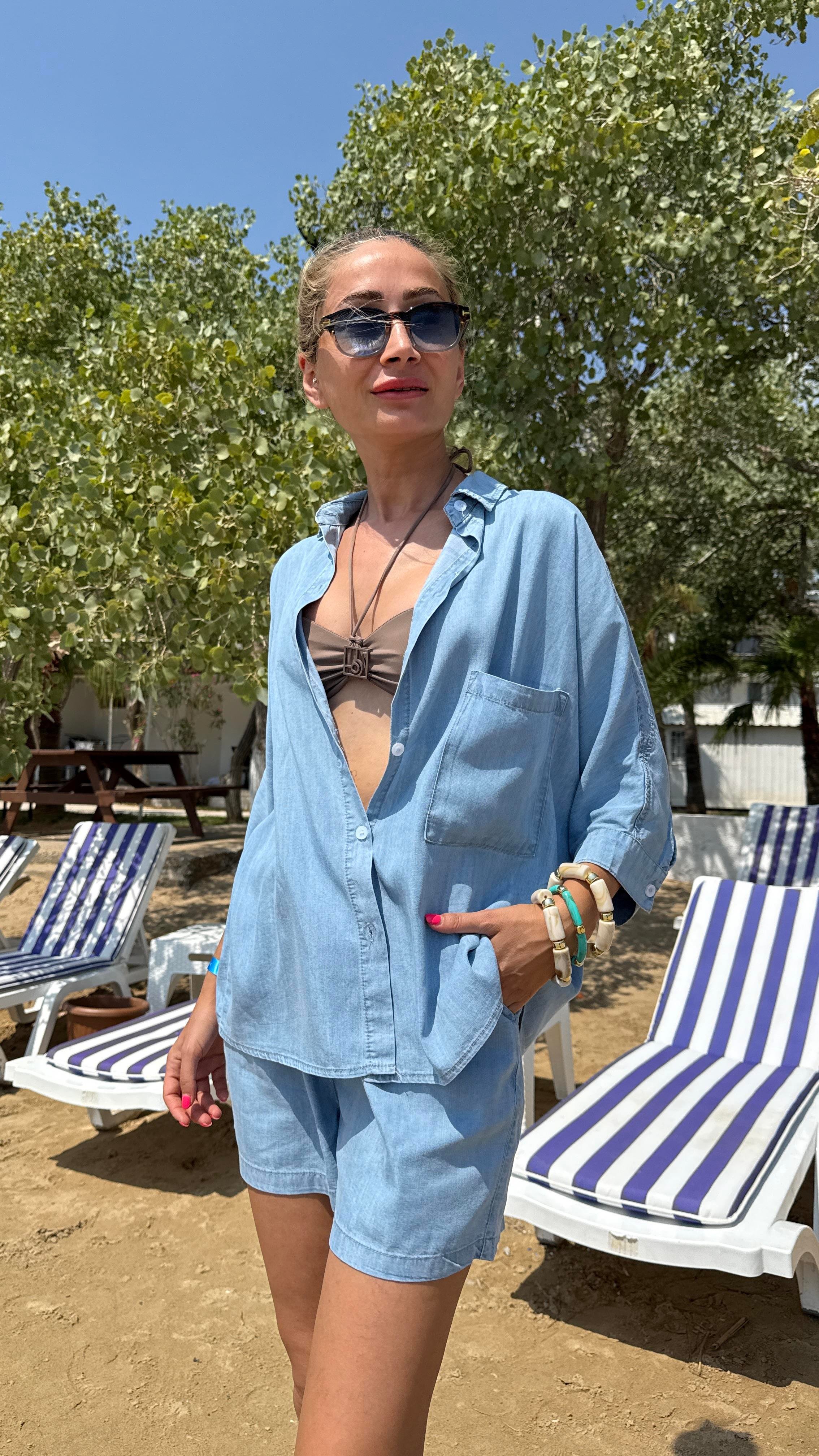 Tensel Kumaş Mavi Gömlek Şort Takım TAKIM | NO33