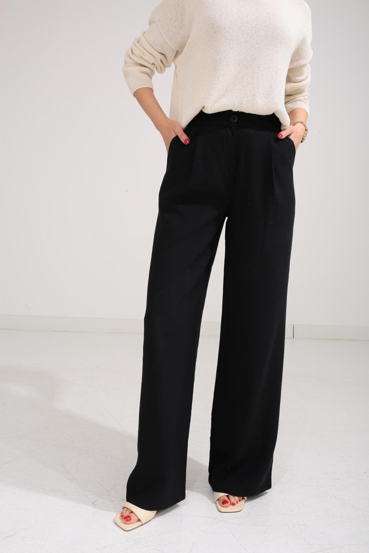 Tensel Kumaş Siyah Bol Paça Pantolon PANTOLON | NO33