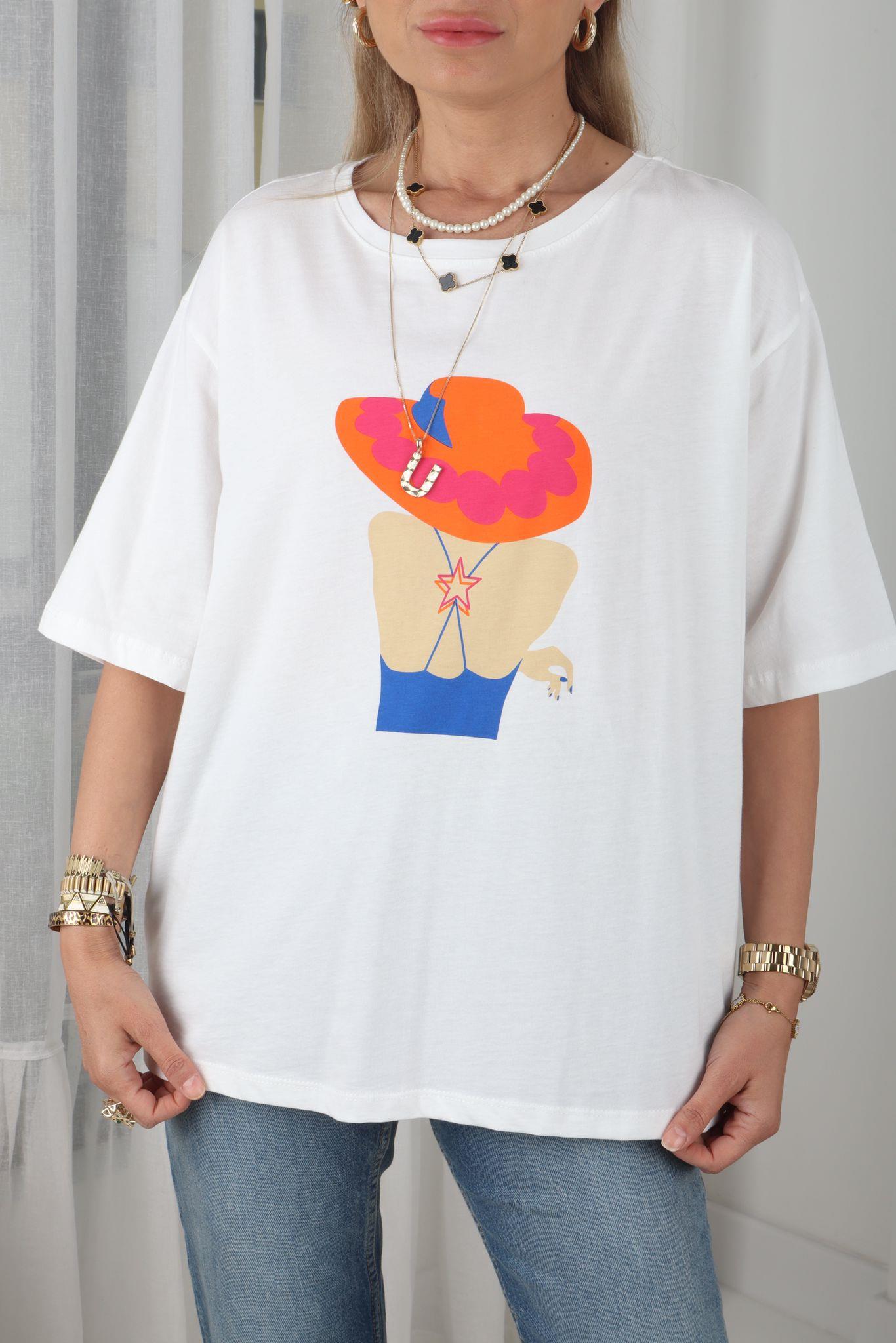 Turuncu Şapkalı Kadın Baskılı Ekru Tshirt T-SHİRT