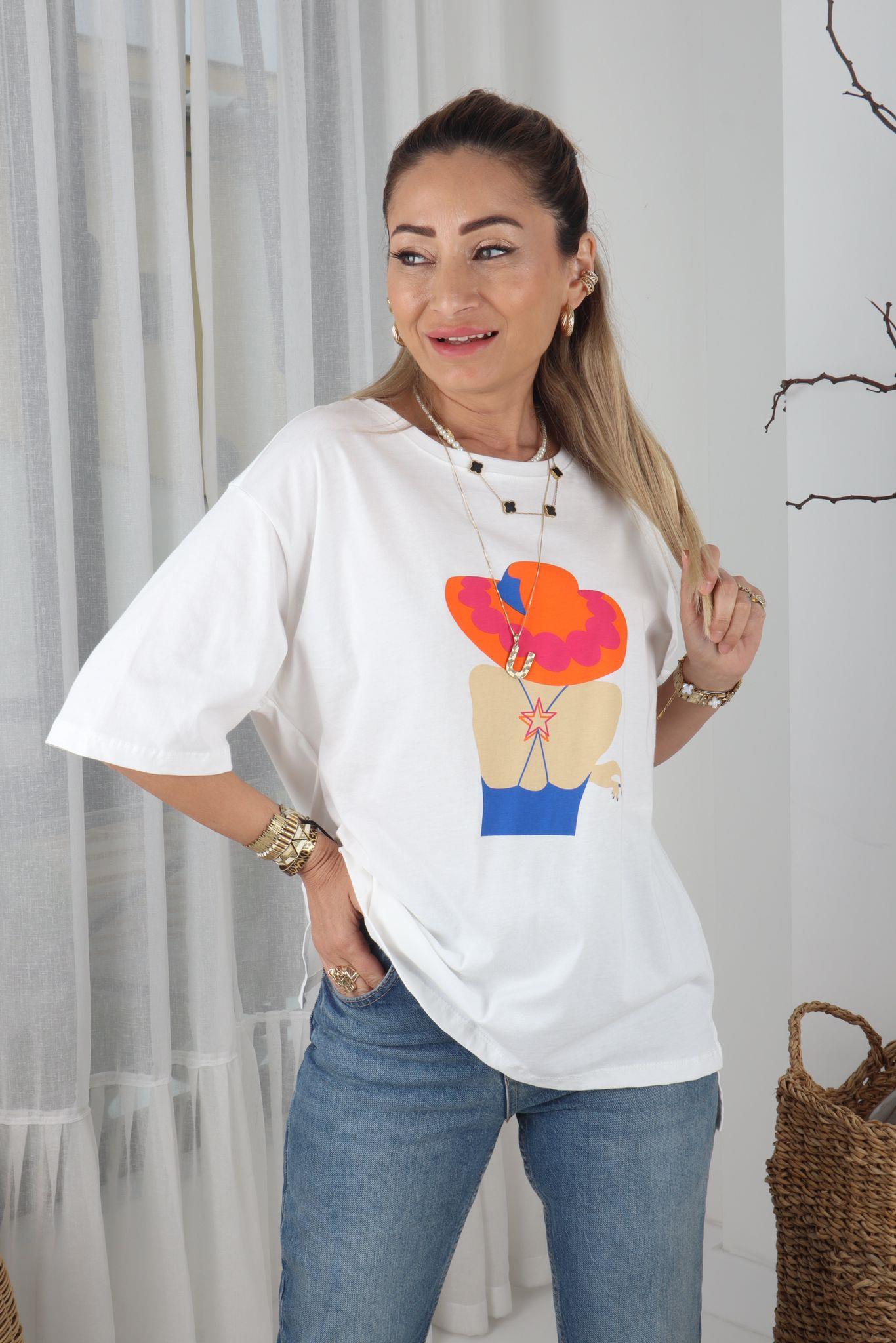 Turuncu Şapkalı Kadın Baskılı Ekru Tshirt T-SHİRT