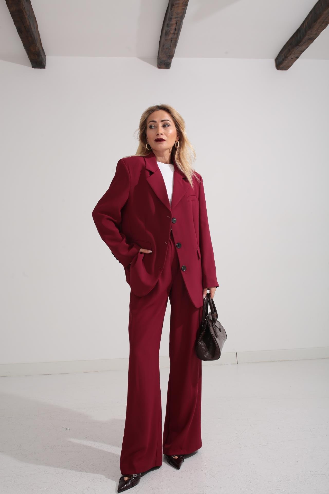 Üç Düğmeli Bordo Palazzo Takım TAKIM