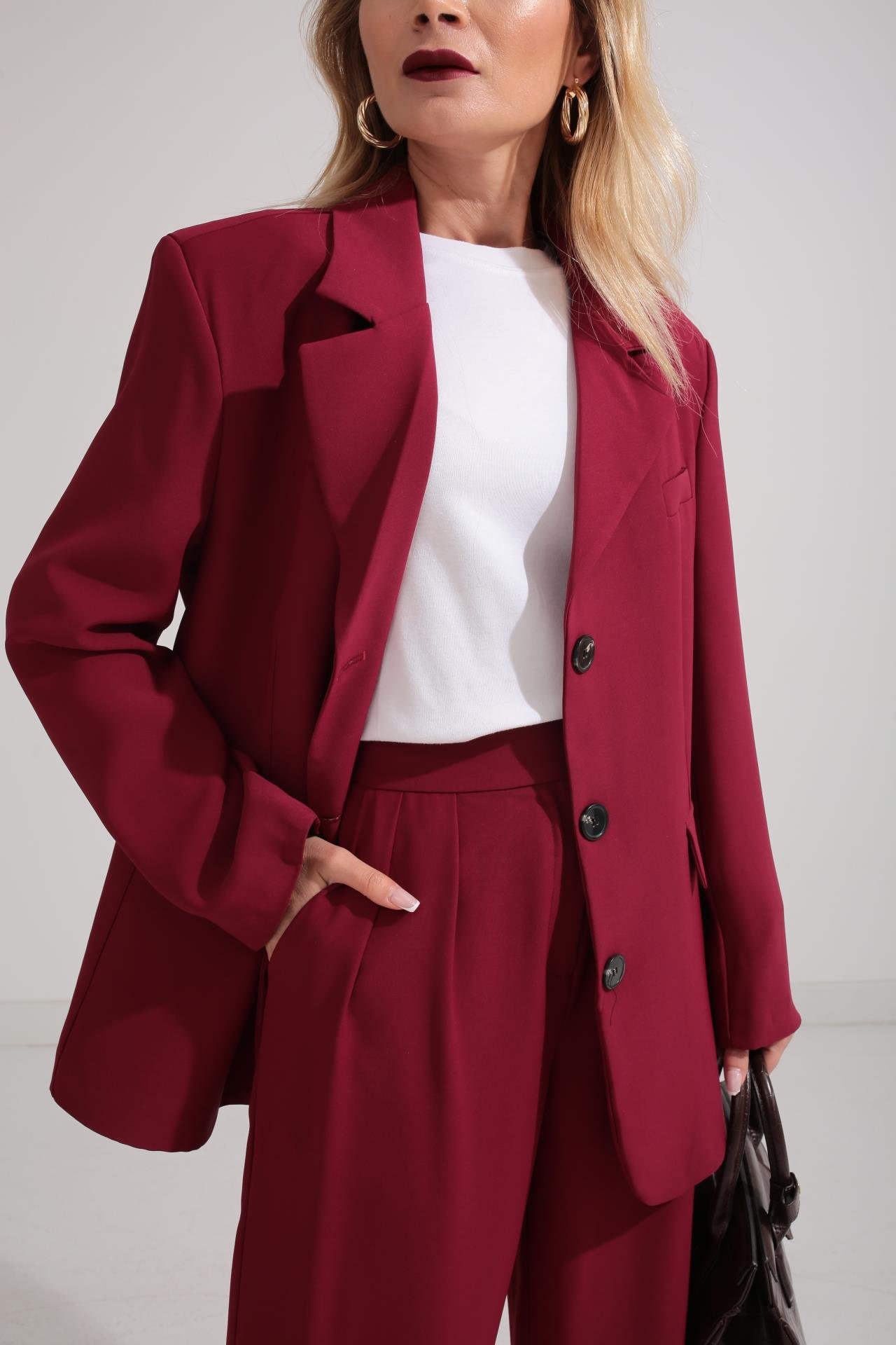 Üç Düğmeli Bordo Palazzo Takım TAKIM