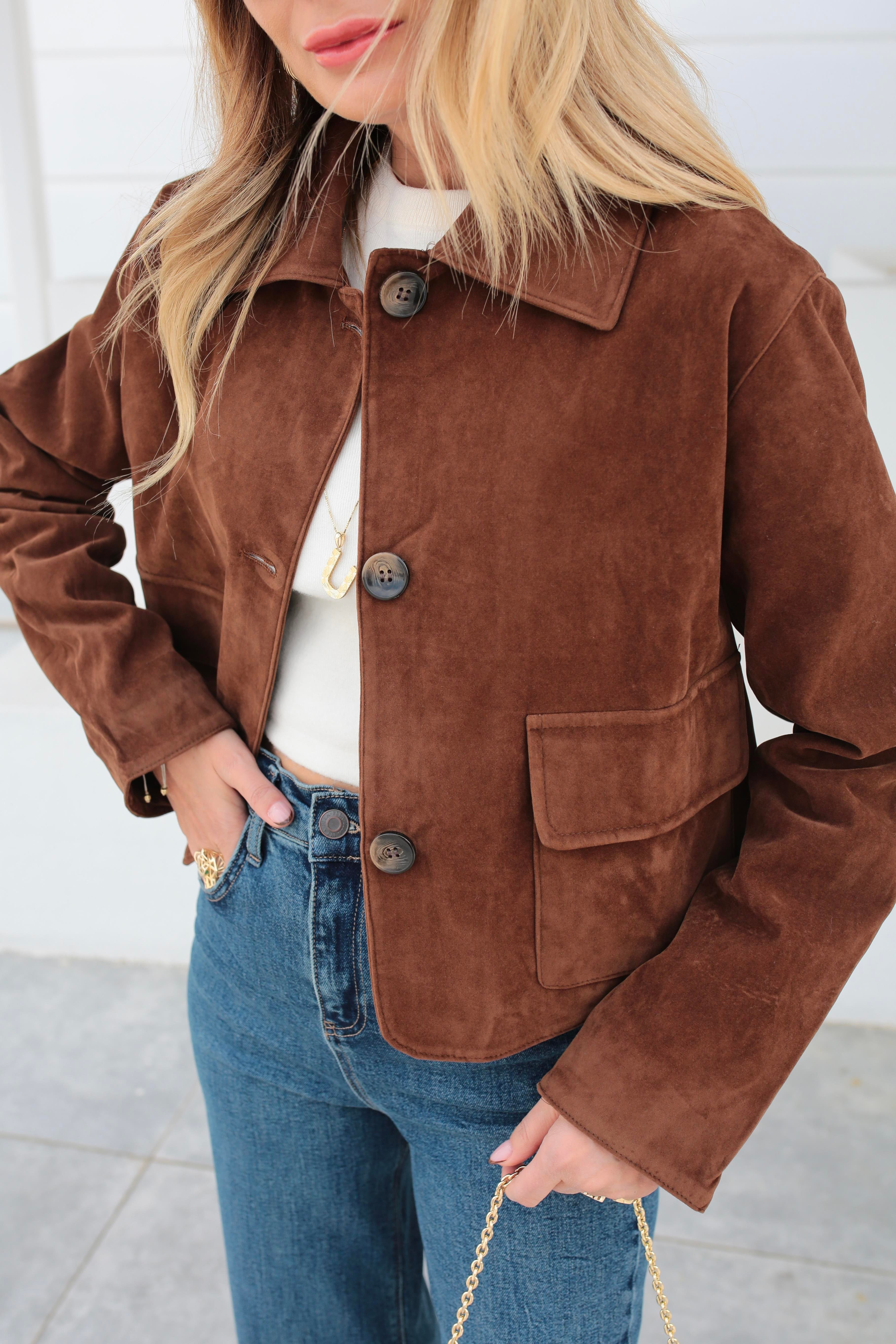 Üç Düğmeli Kısa Kahve Süet Ceket CEKET