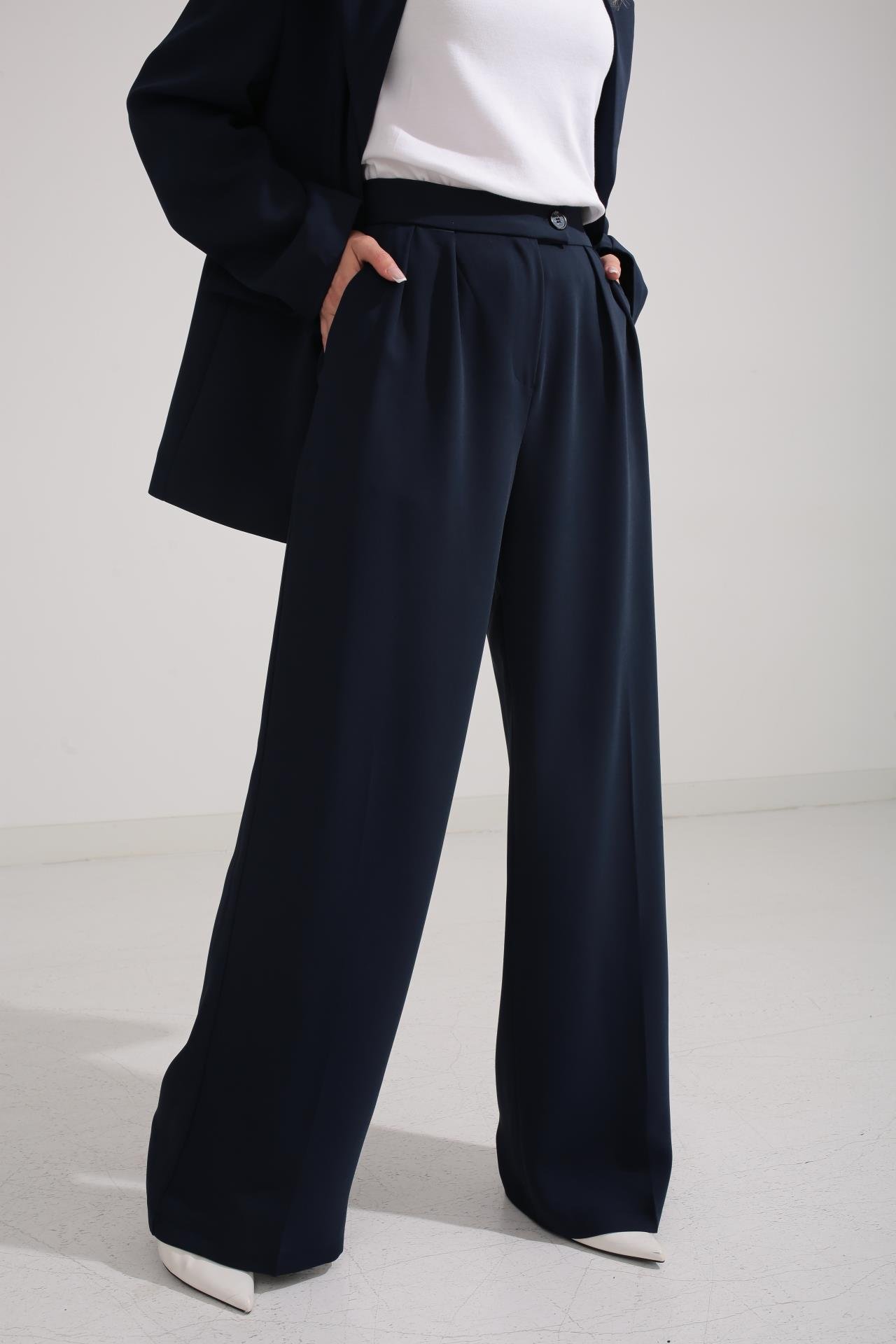 Üç Düğmeli Lacivert Palazzo Takım TAKIM