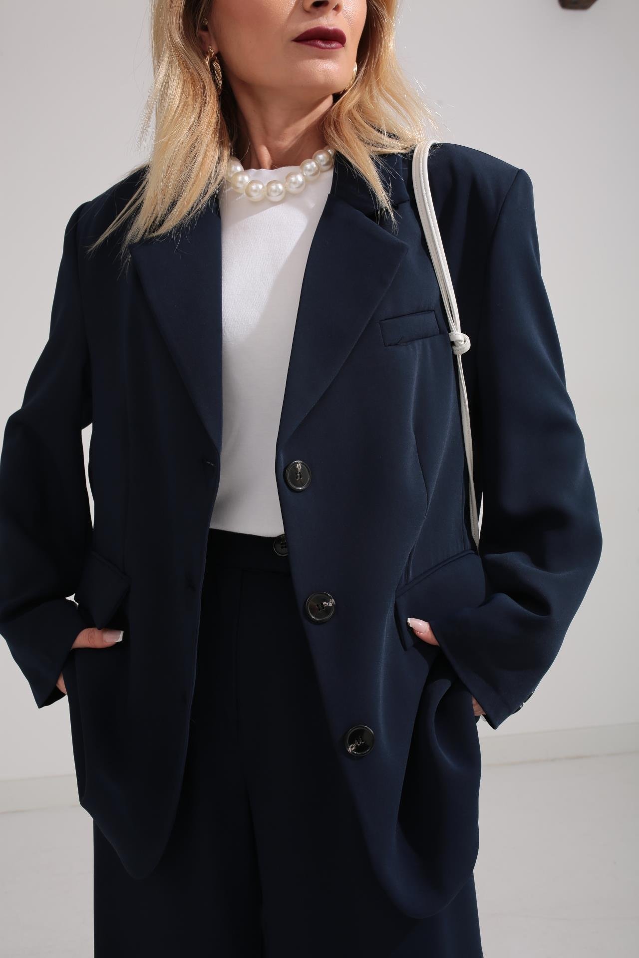 Üç Düğmeli Lacivert Palazzo Takım TAKIM