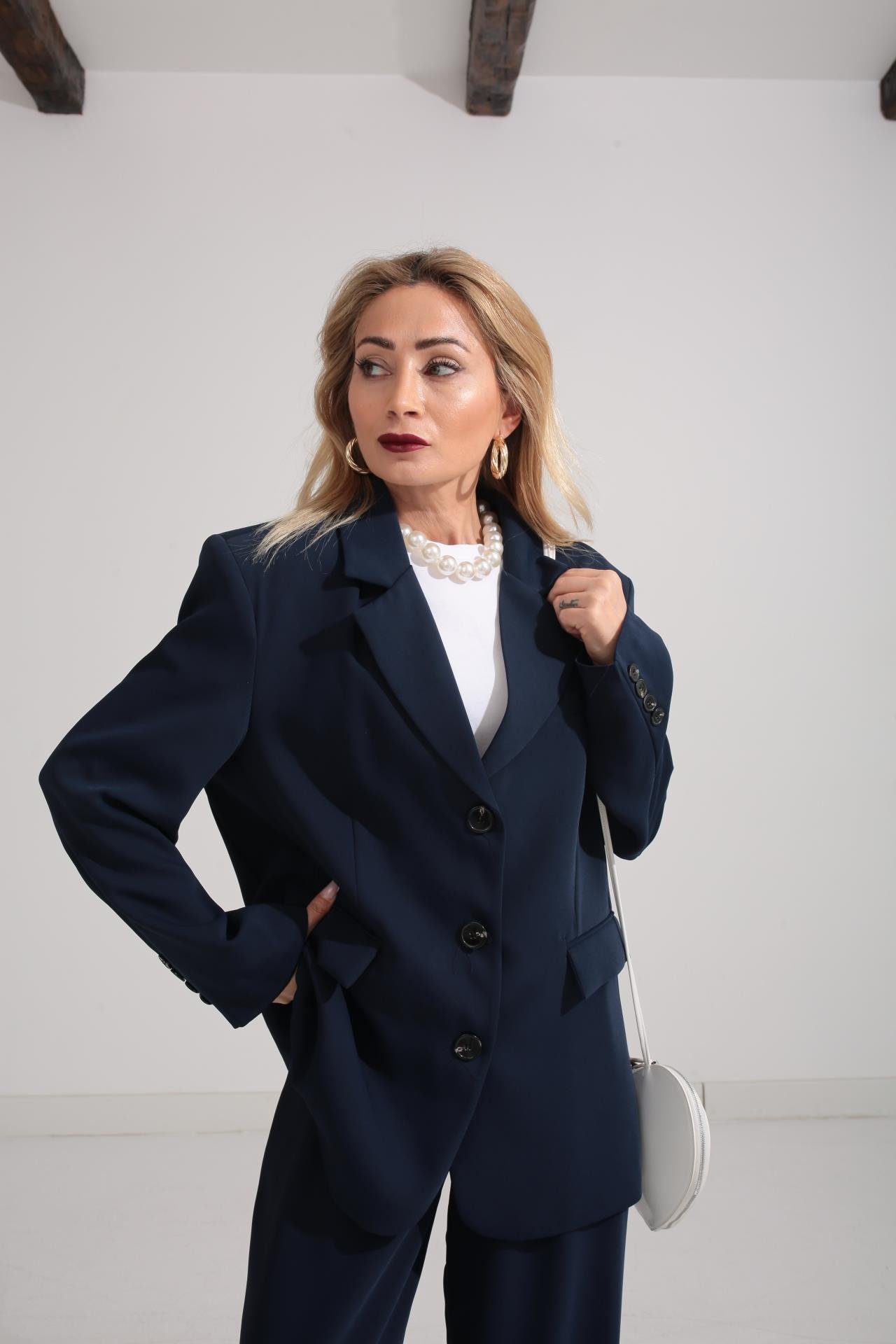 Üç Düğmeli Lacivert Palazzo Takım TAKIM