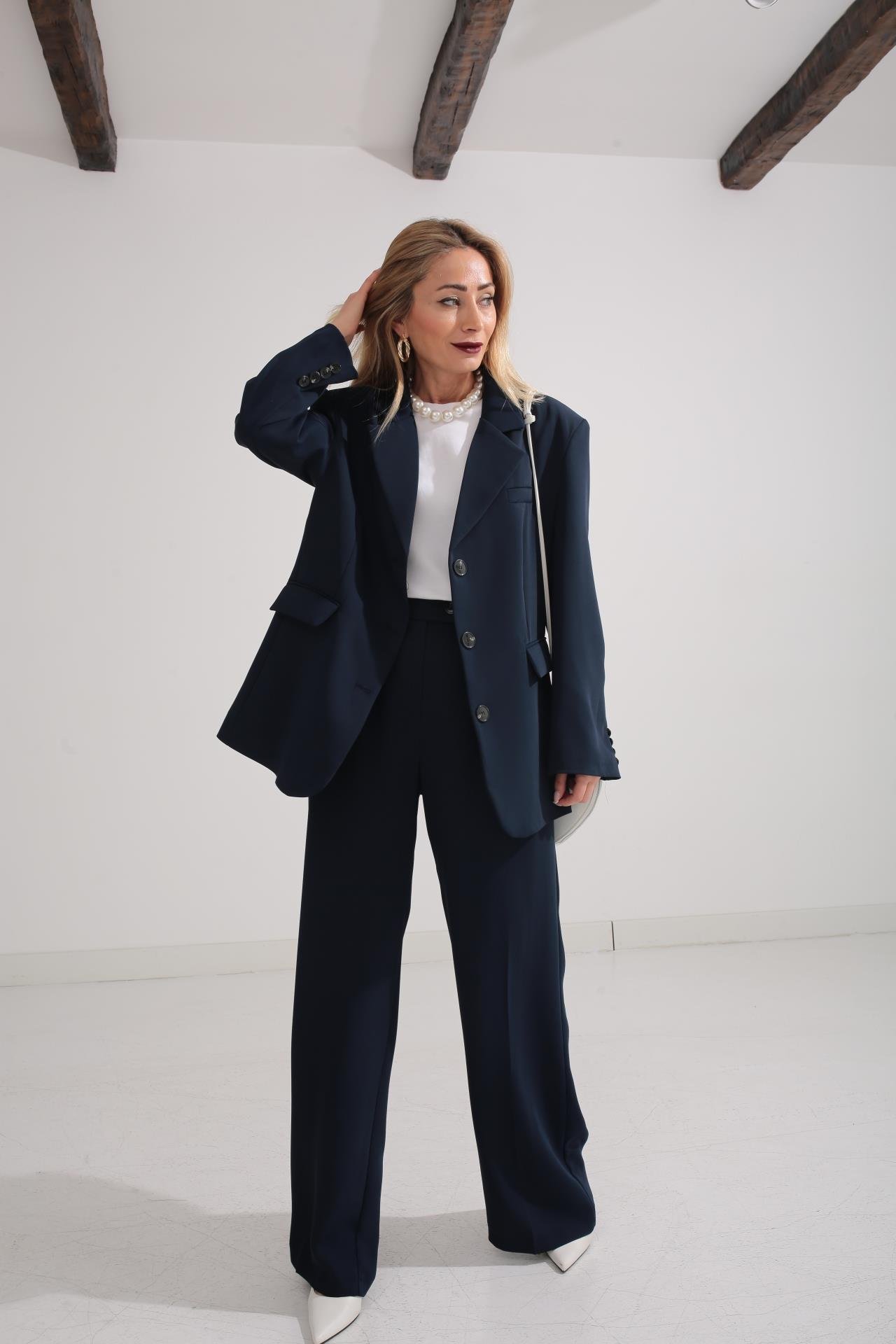 Üç Düğmeli Lacivert Palazzo Takım TAKIM