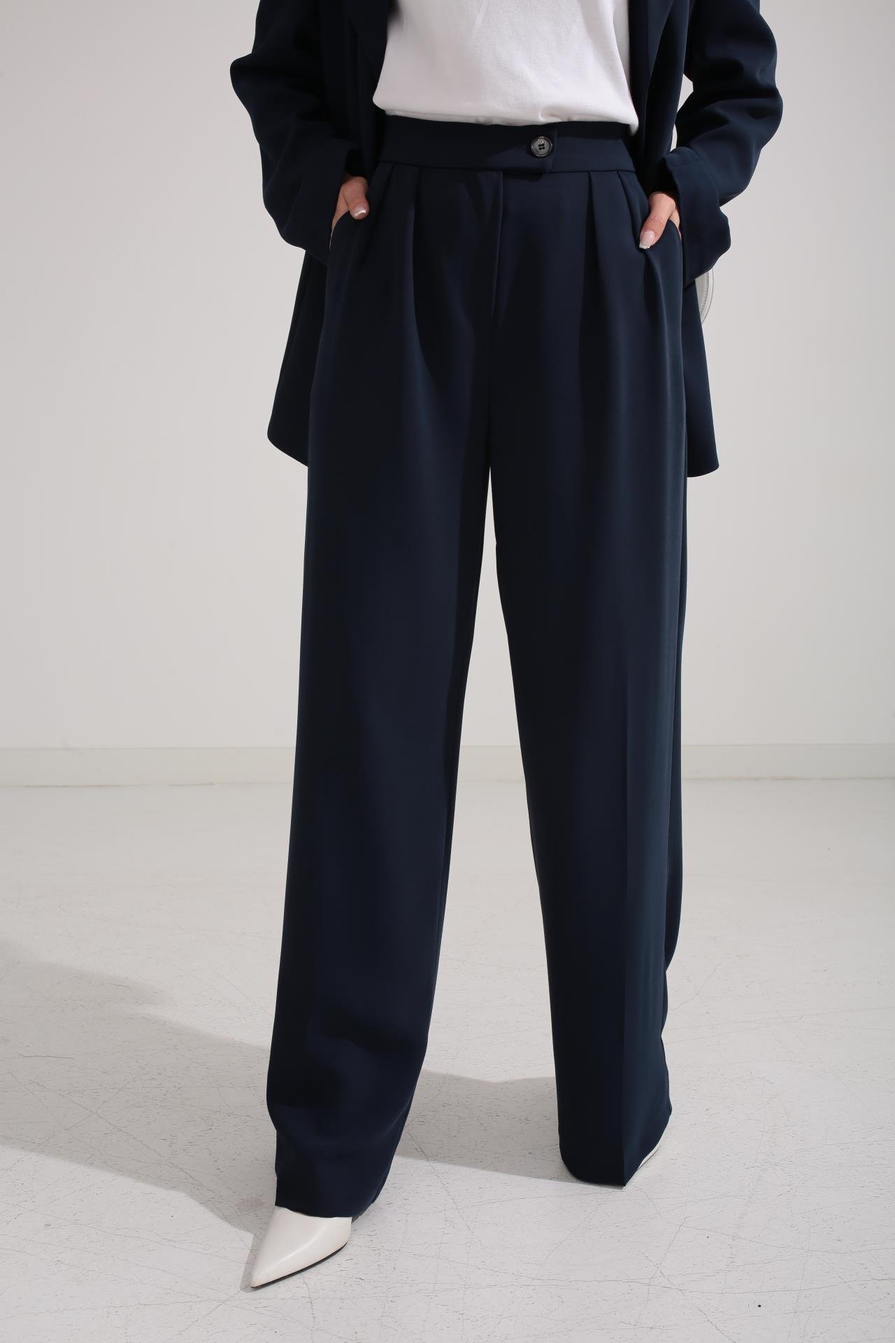 Üç Düğmeli Lacivert Palazzo Takım TAKIM