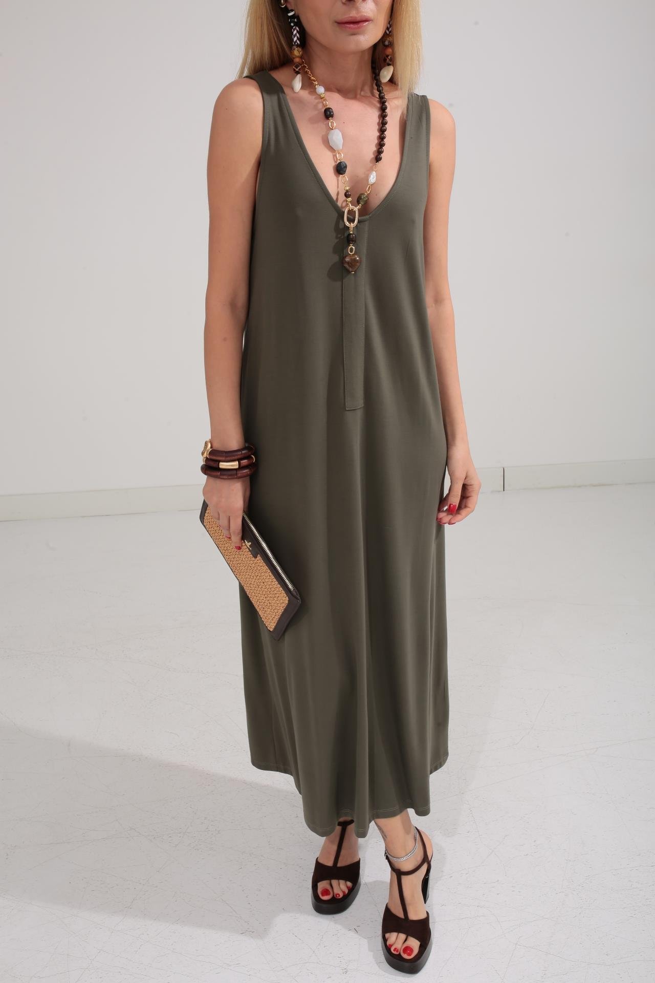 V Yaka Askılı Haki Elbise ELBİSE | NO33