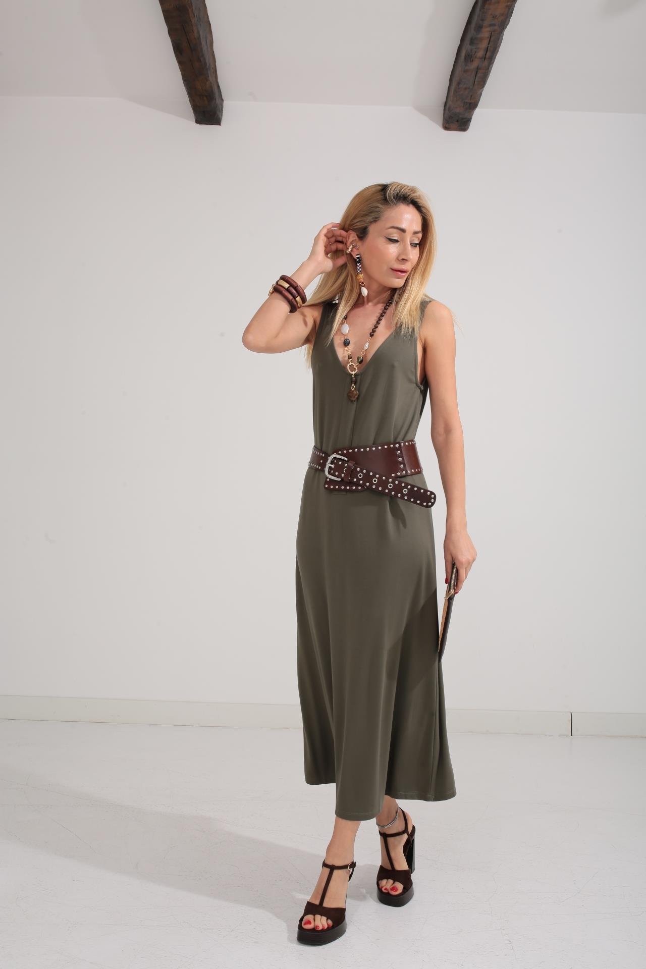 V Yaka Askılı Haki Elbise ELBİSE | NO33