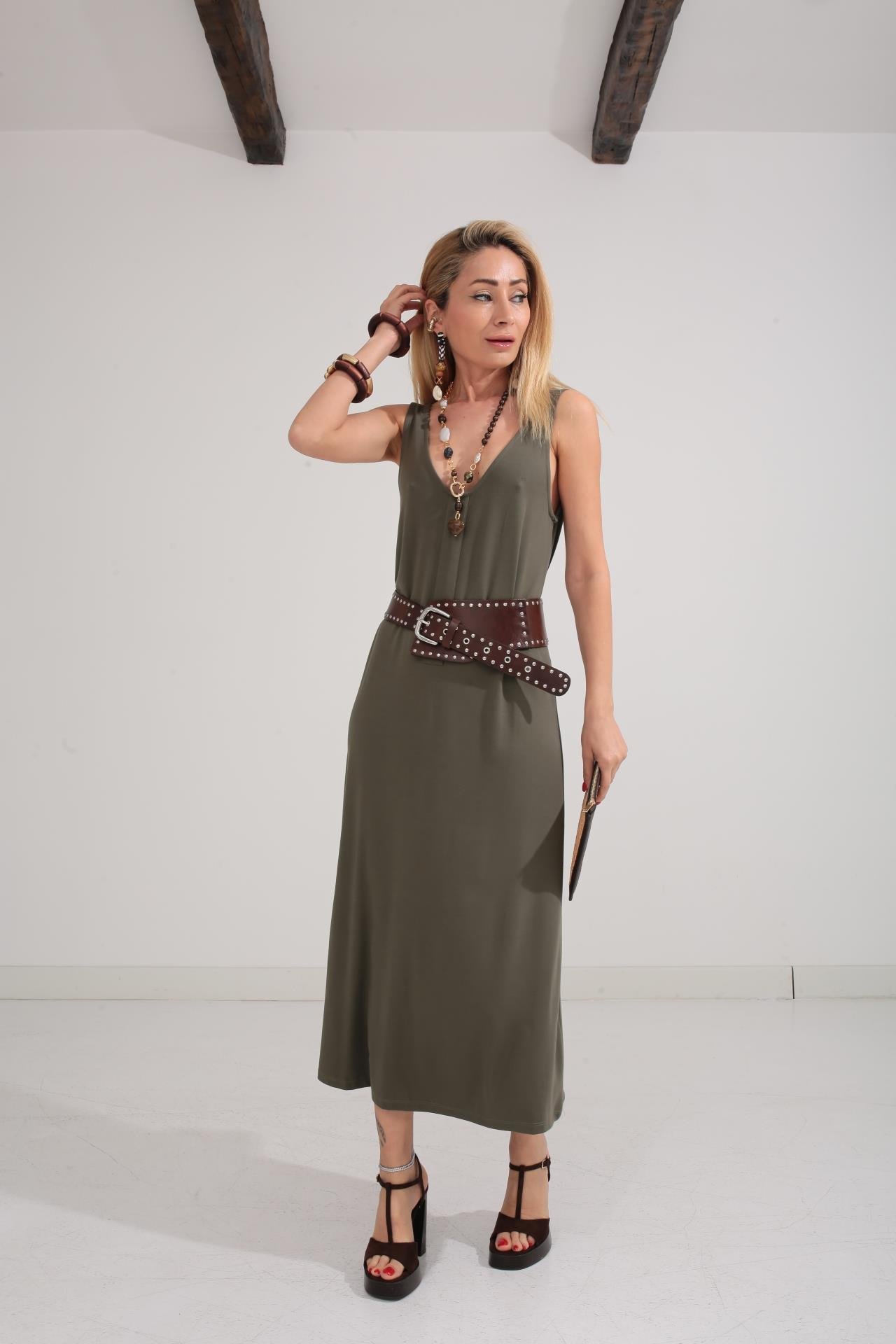 V Yaka Askılı Haki Elbise ELBİSE | NO33