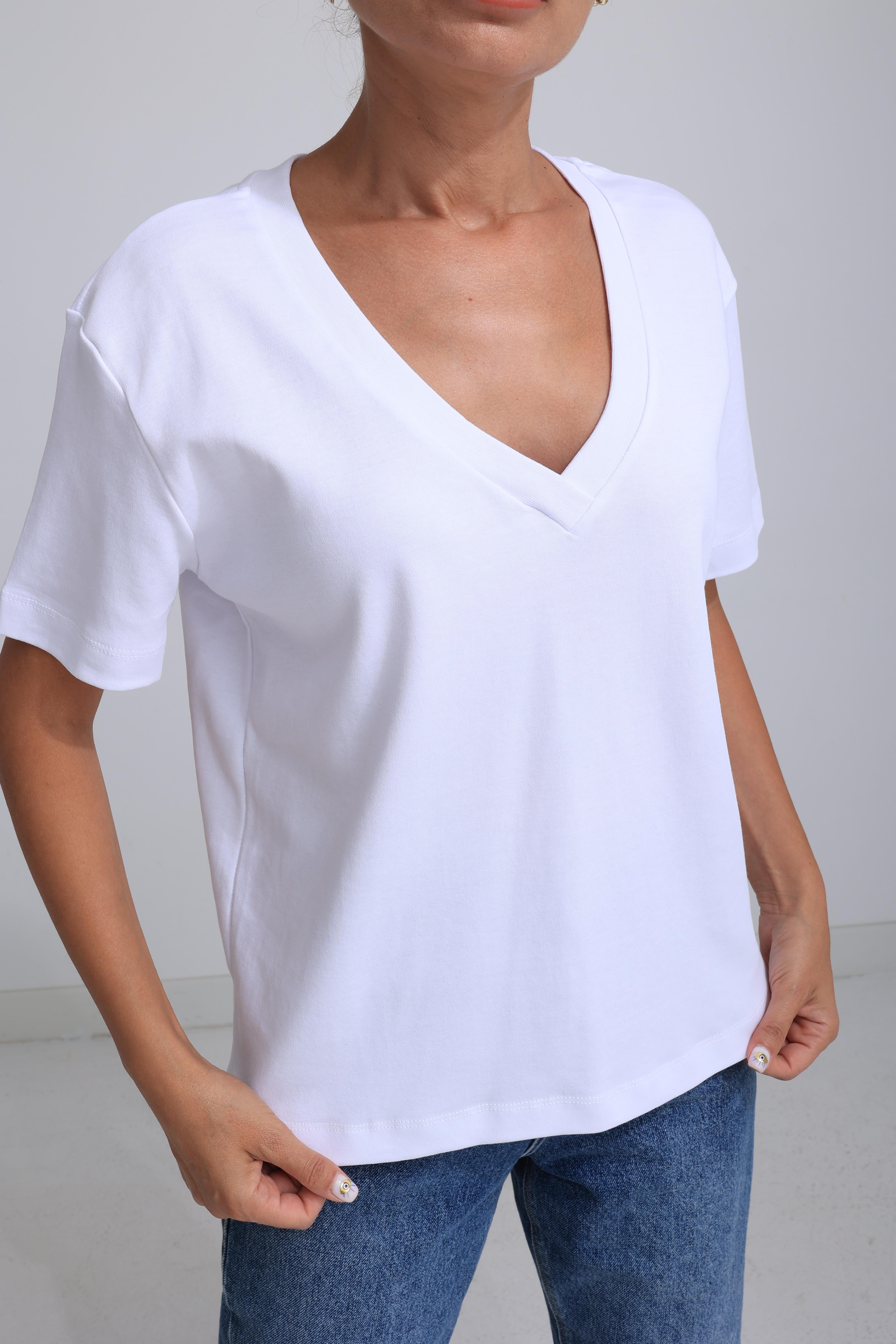 V Yaka Beyaz Basic Tshirt T-SHİRT | NO33