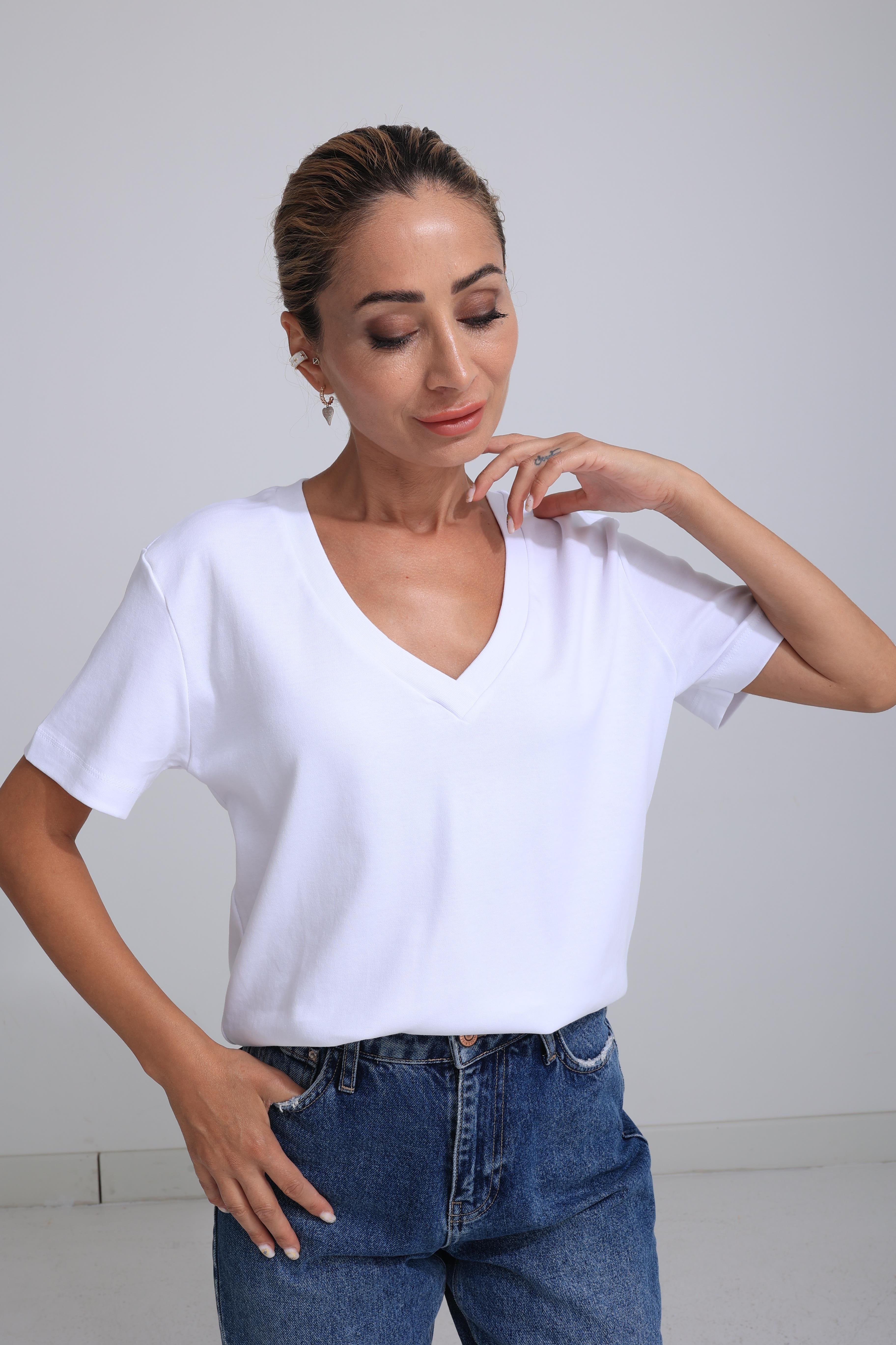 V Yaka Beyaz Basic Tshirt T-SHİRT | NO33