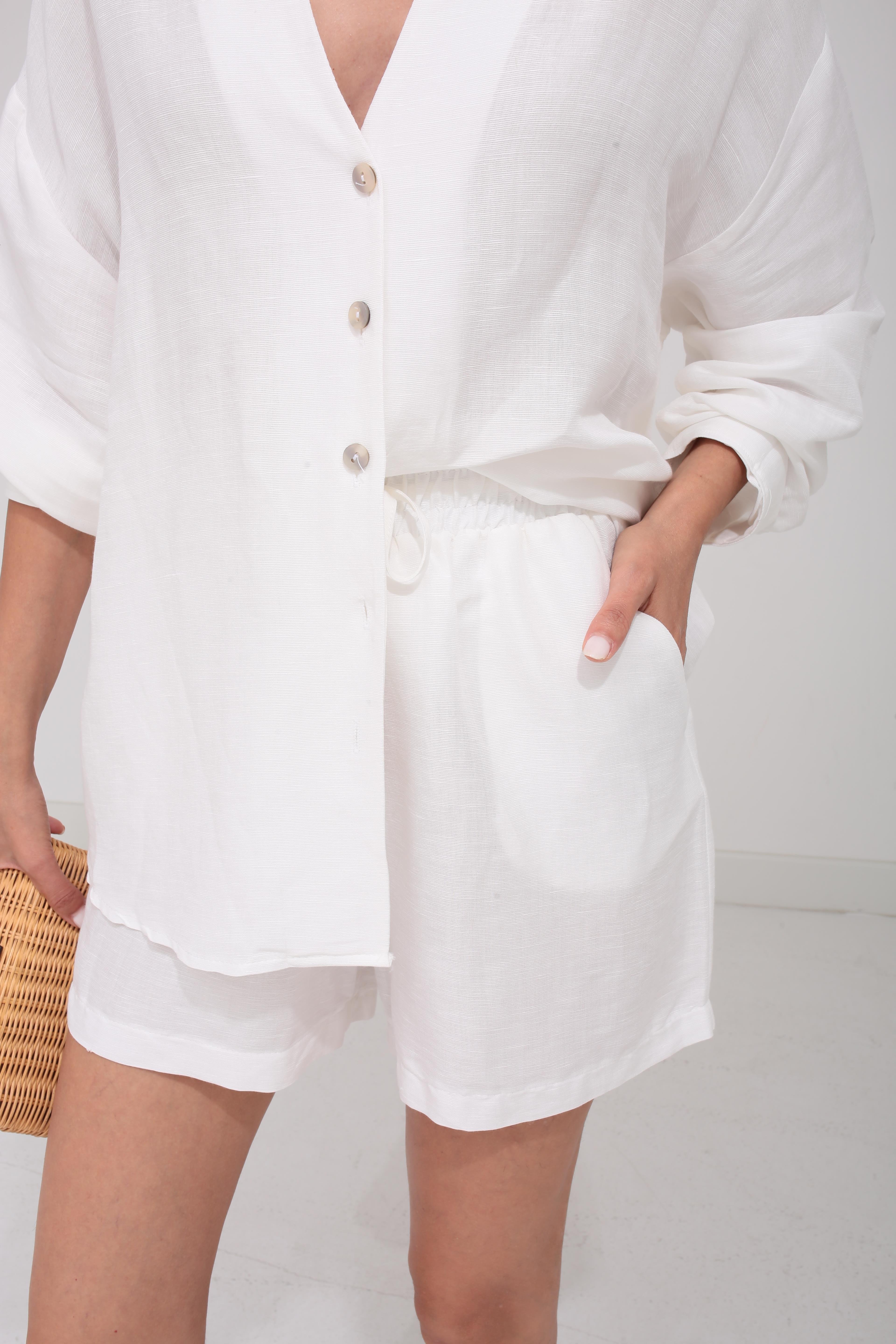 V Yaka Beyaz Keten Şort Gömlek Takım TAKIM | NO33