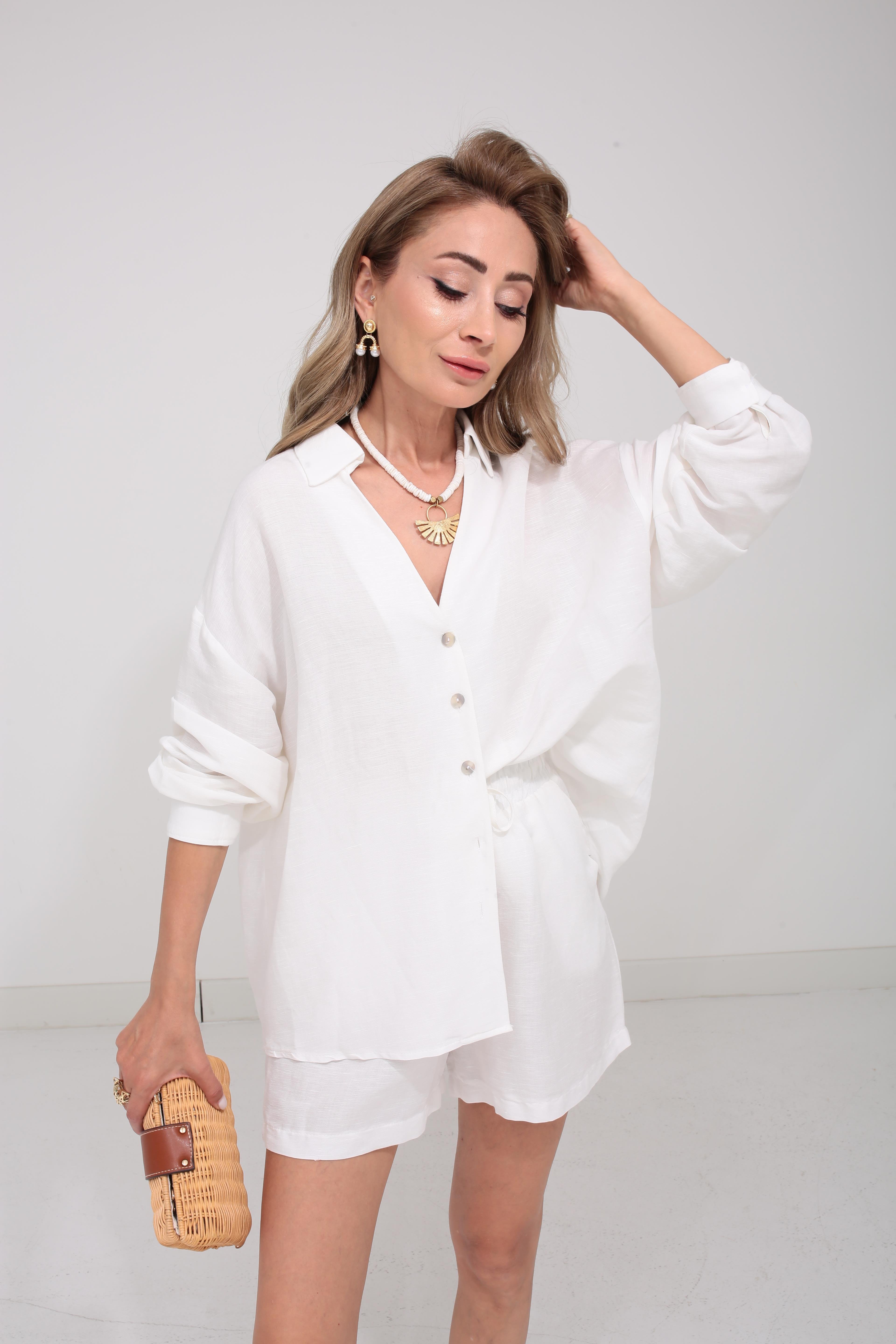 V Yaka Beyaz Keten Şort Gömlek Takım TAKIM | NO33