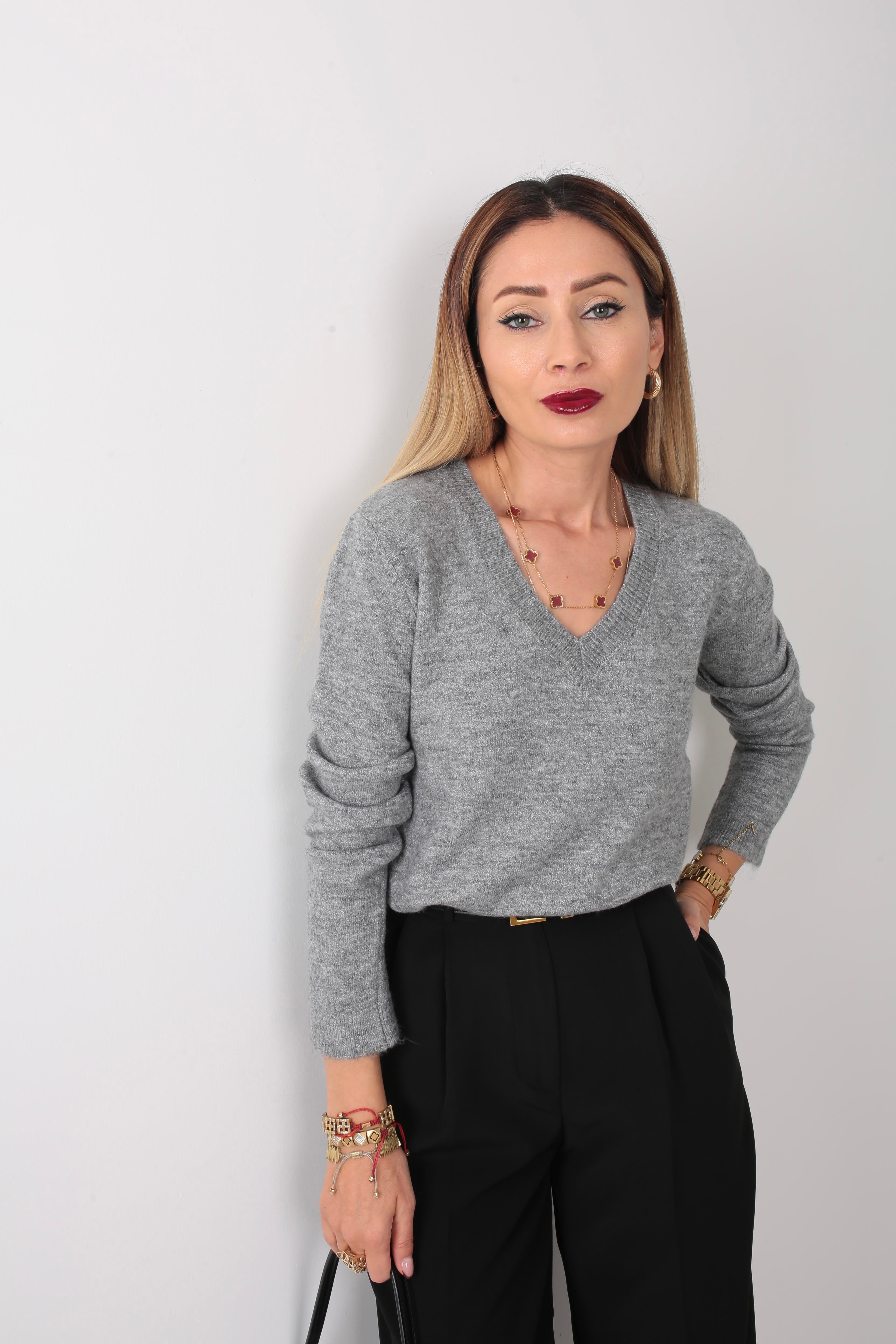 V Yaka Gri Düz Basic Kazak TRİKO VE KAZAK