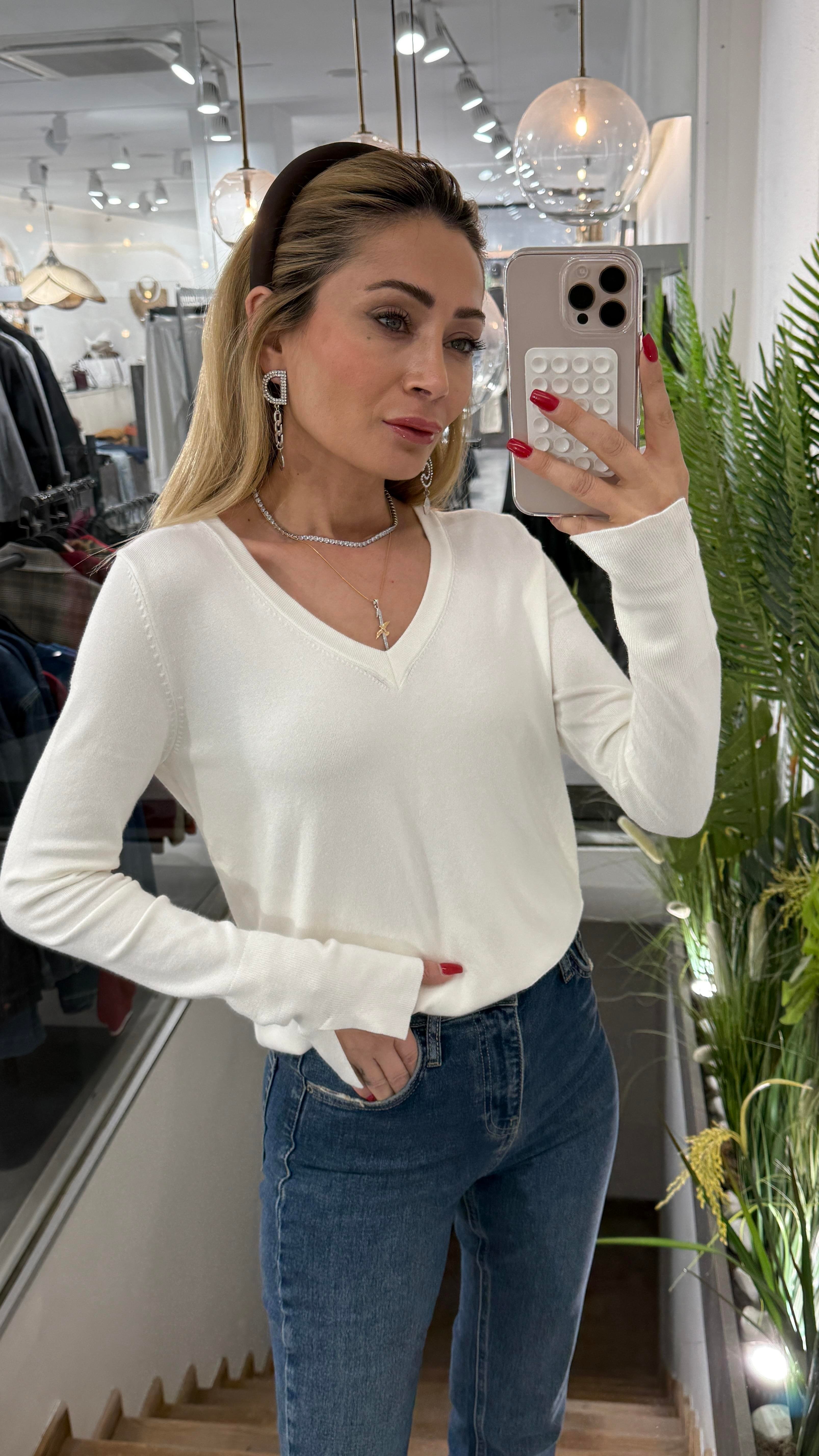 V Yaka Kolu Yırtmaçlı Dilvin Ekru Kazak TRİKO VE KAZAK