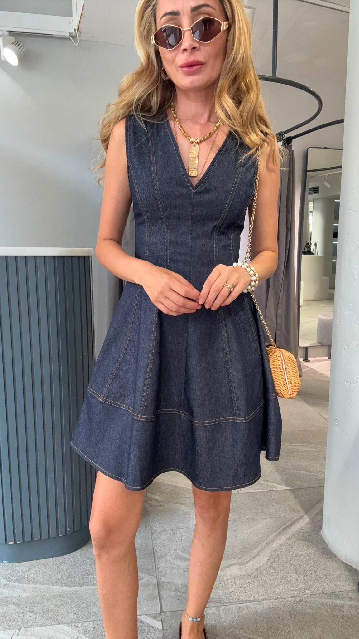 V Yaka Likralı Denim Elbise ELBİSE | NO33