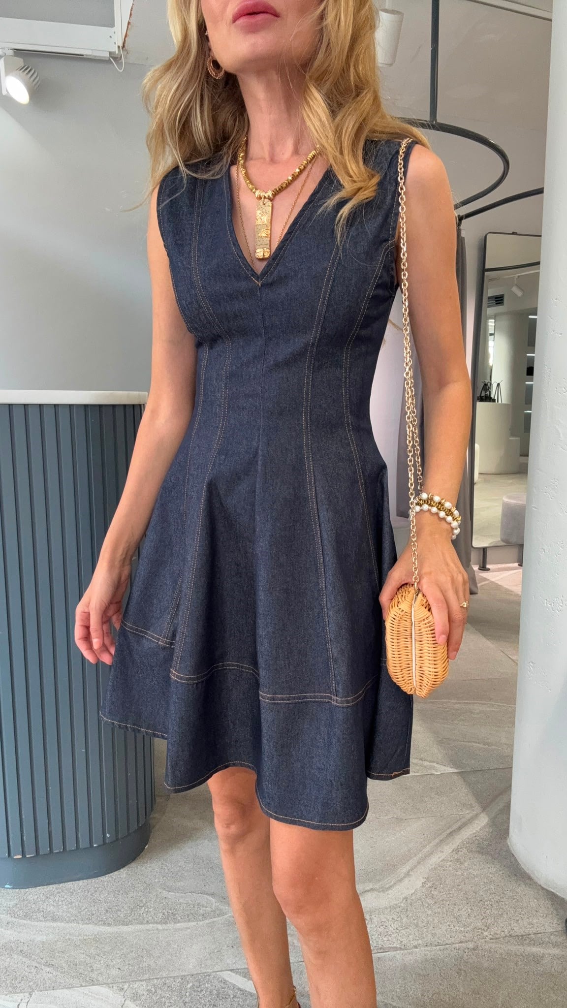 V Yaka Likralı Denim Elbise ELBİSE | NO33