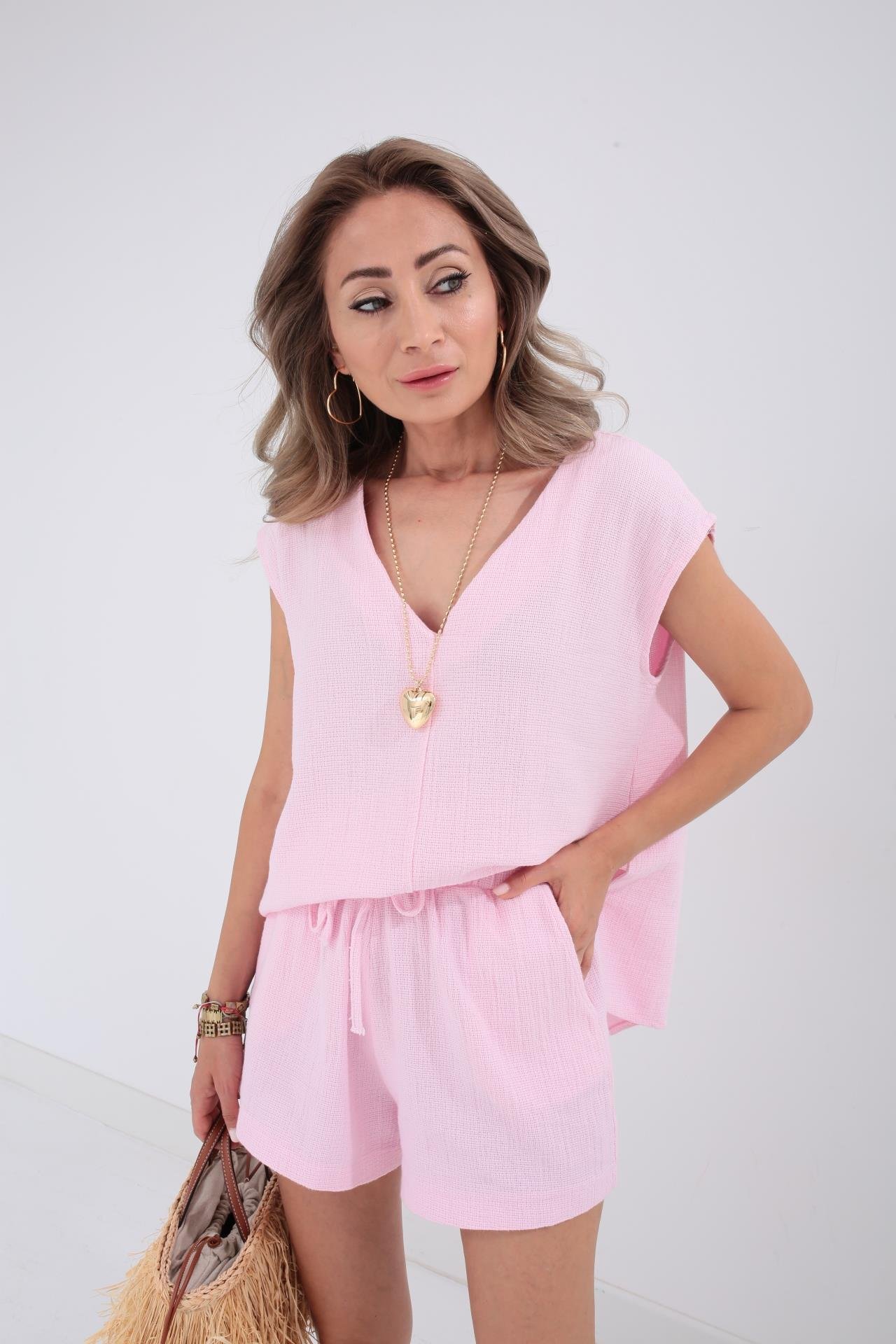V Yaka Örme Şeker Pembe Şortlu Takım TAKIM | NO33