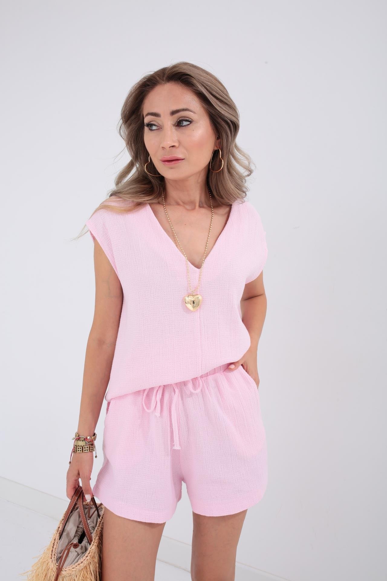 V Yaka Örme Şeker Pembe Şortlu Takım TAKIM | NO33