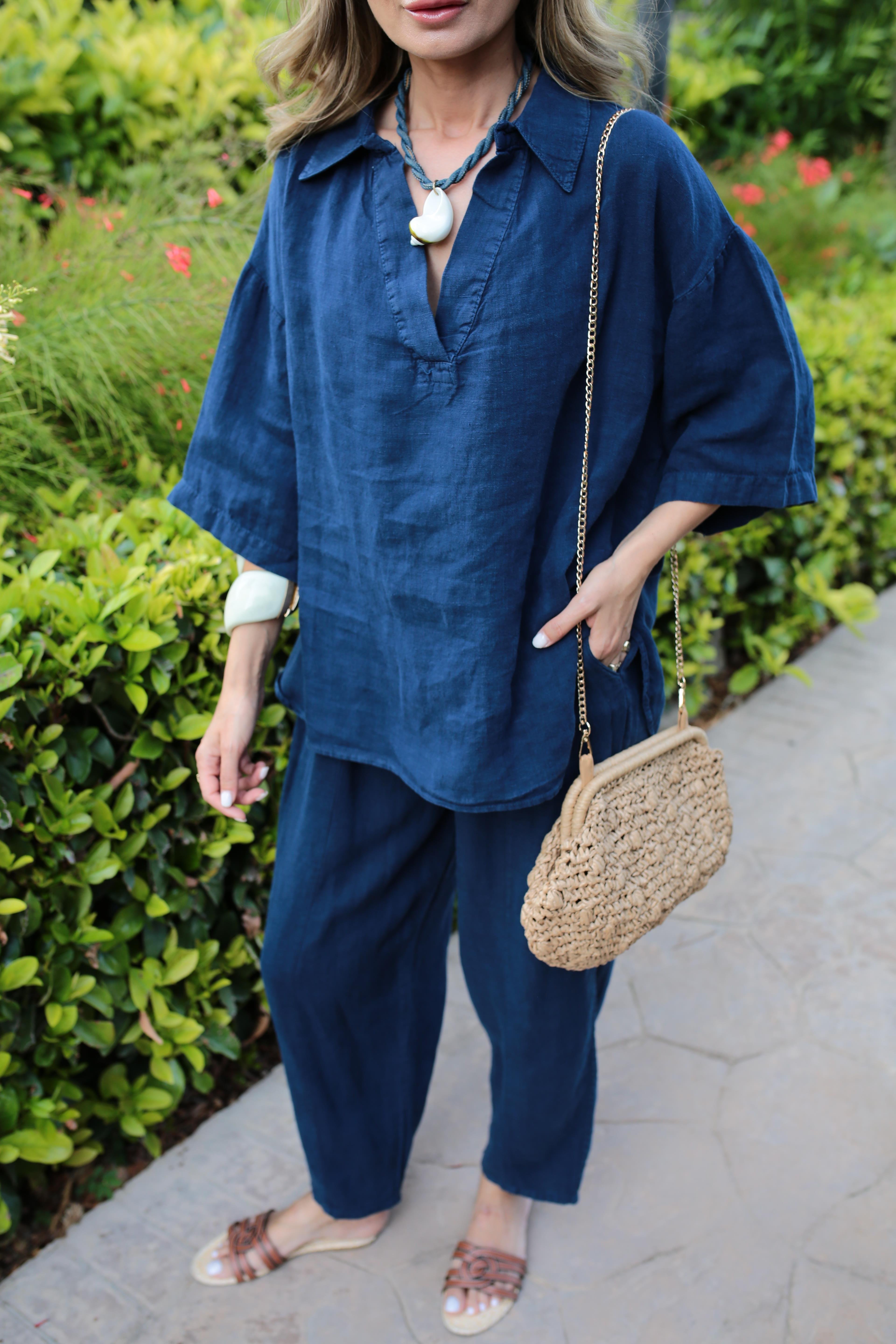 V Yaka Şalvar Kesim Lacivert Keten Takım TAKIM | NO33