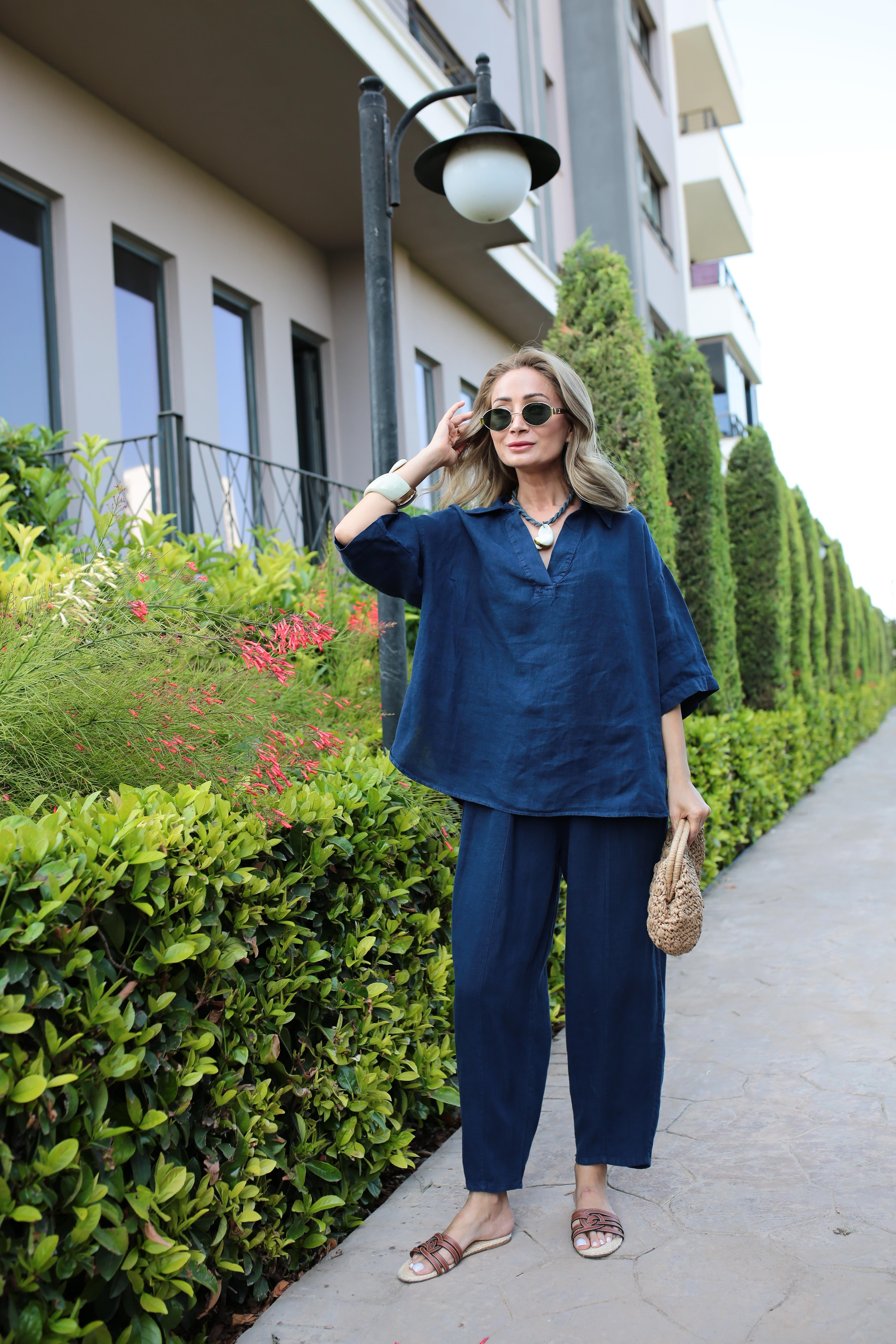 V Yaka Şalvar Kesim Lacivert Keten Takım TAKIM | NO33