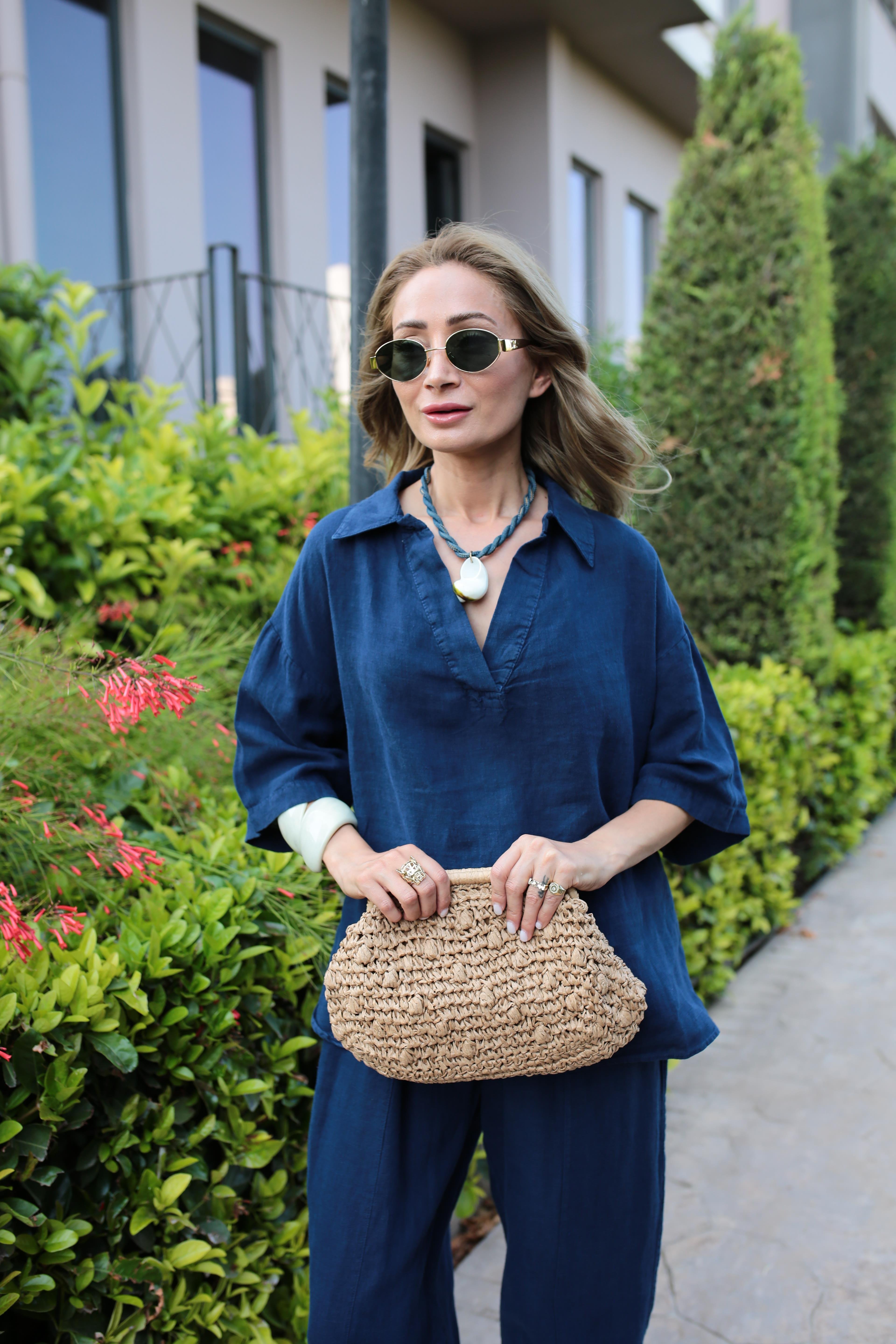 V Yaka Şalvar Kesim Lacivert Keten Takım TAKIM | NO33