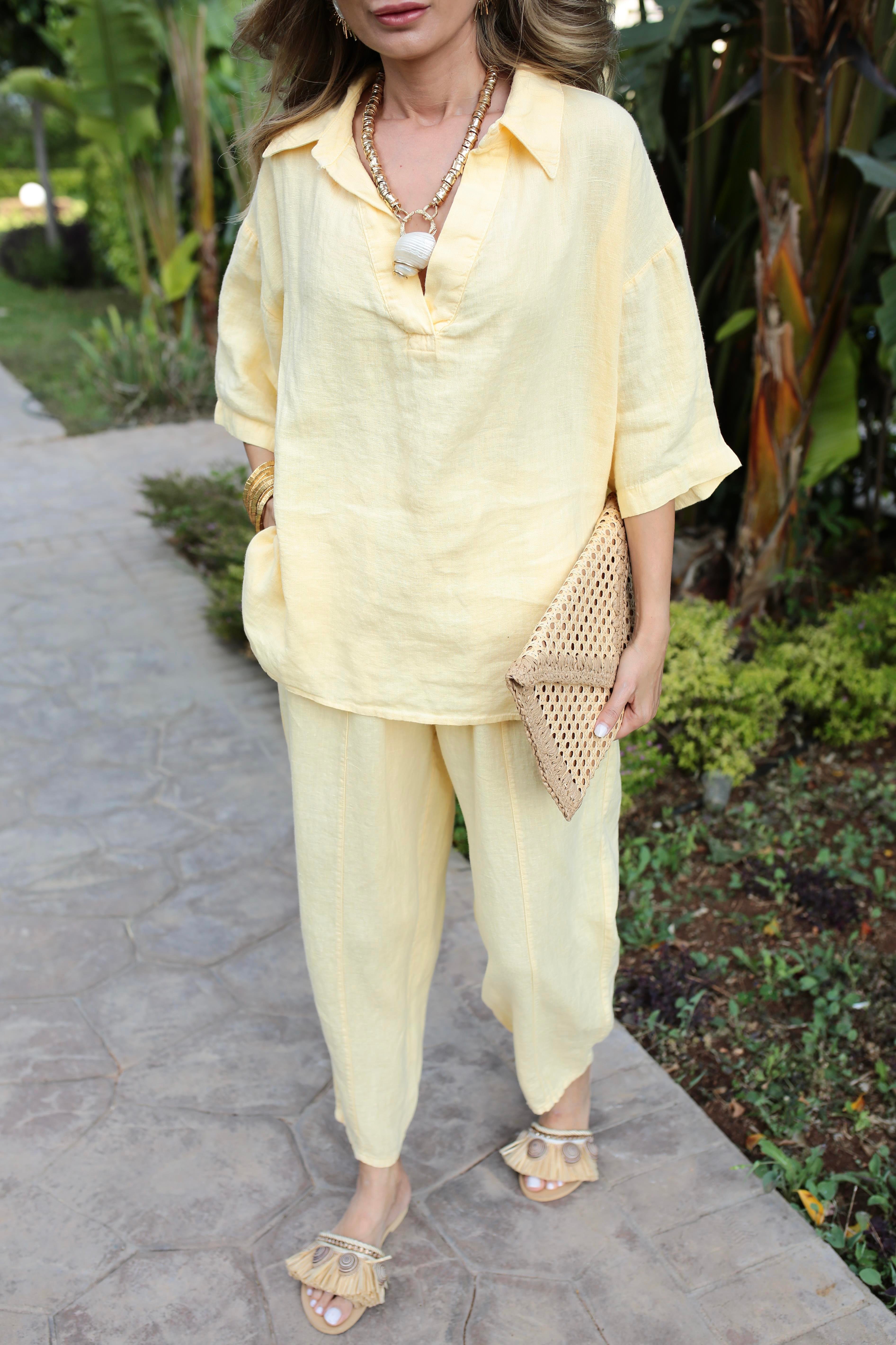 V Yaka Şalvar Kesim Sarı Keten Takım TAKIM | NO33