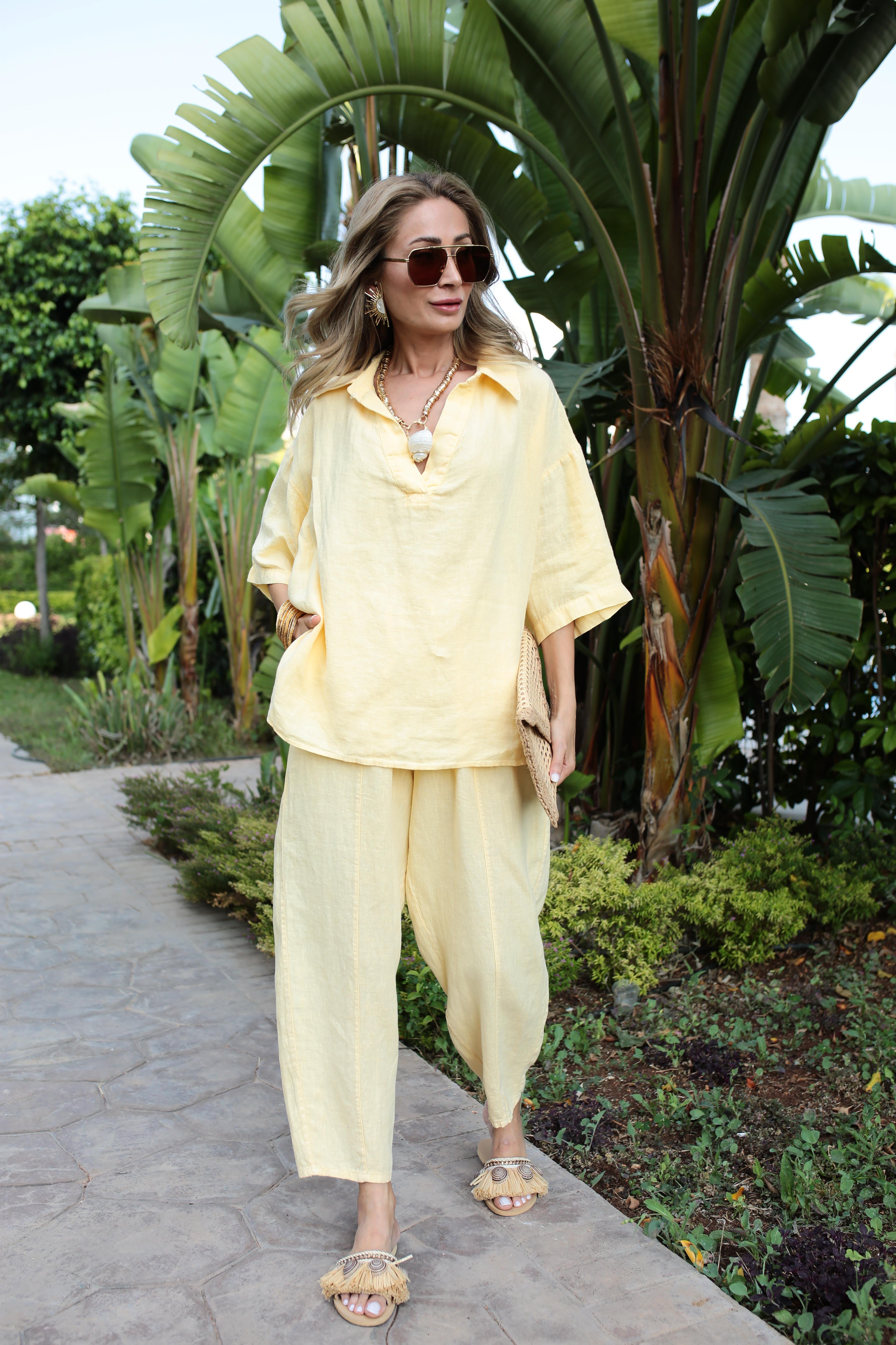 V Yaka Şalvar Kesim Sarı Keten Takım TAKIM | NO33