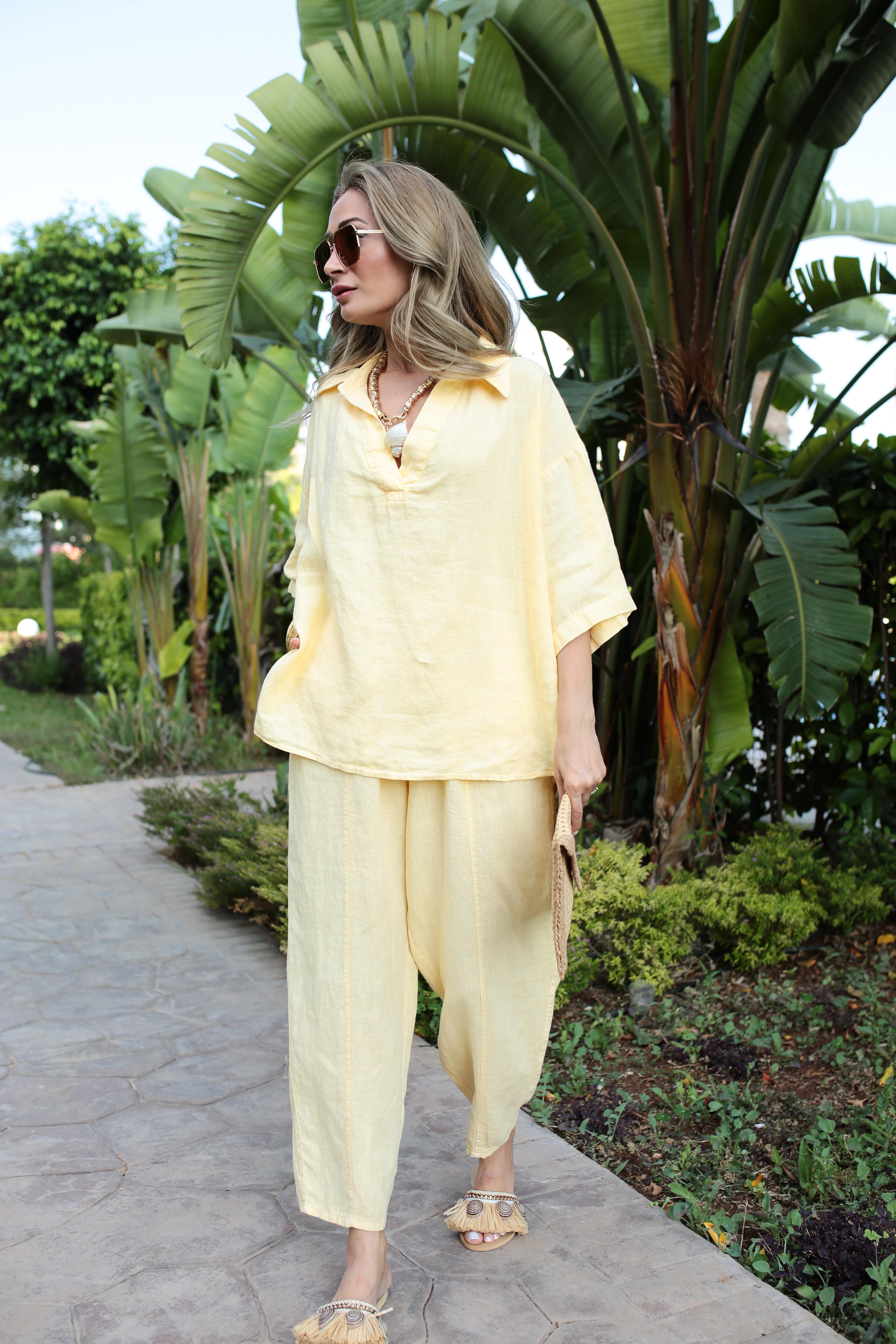 V Yaka Şalvar Kesim Sarı Keten Takım TAKIM | NO33