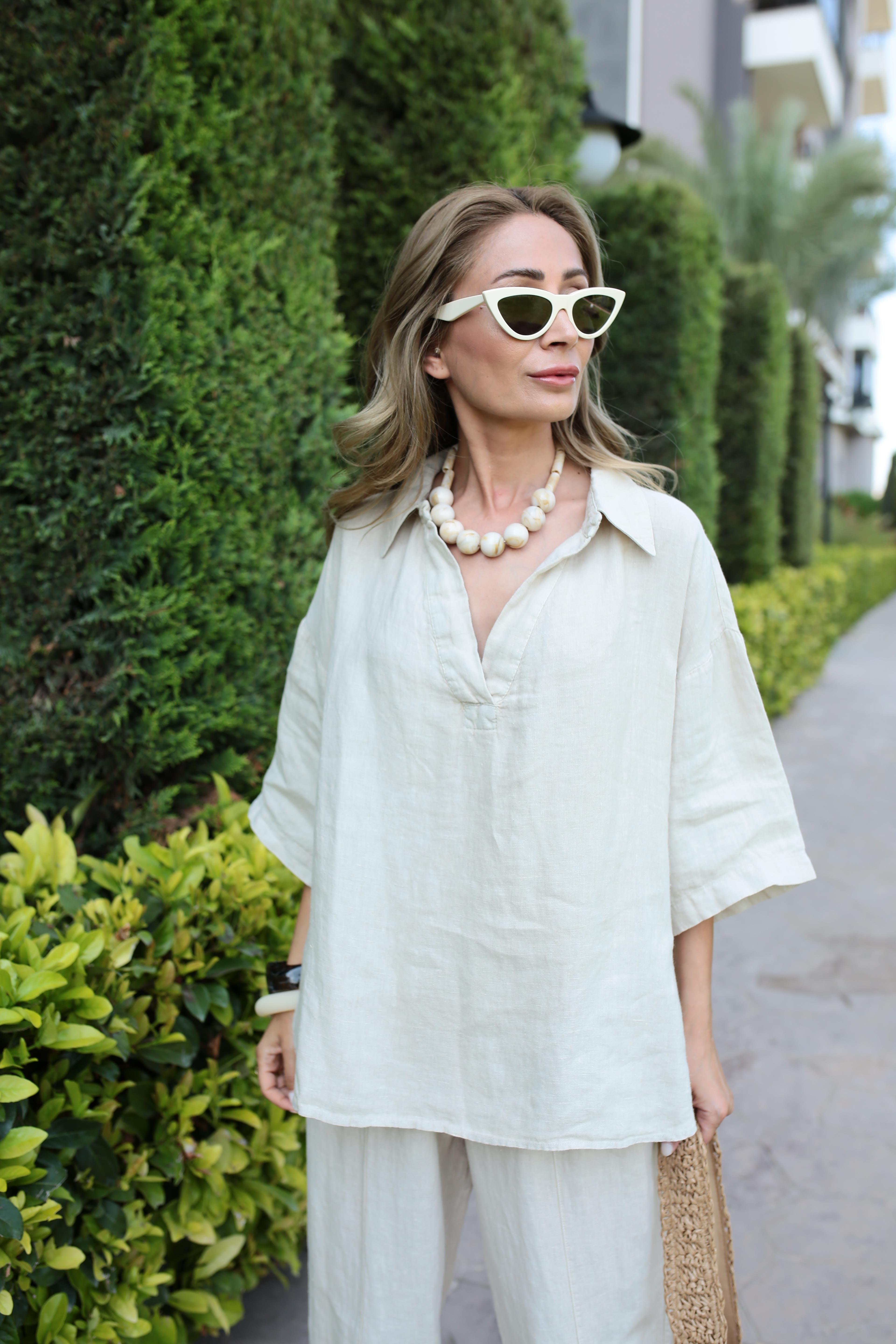 V Yaka Şalvar Kesim Taş Keten Takım TAKIM | NO33