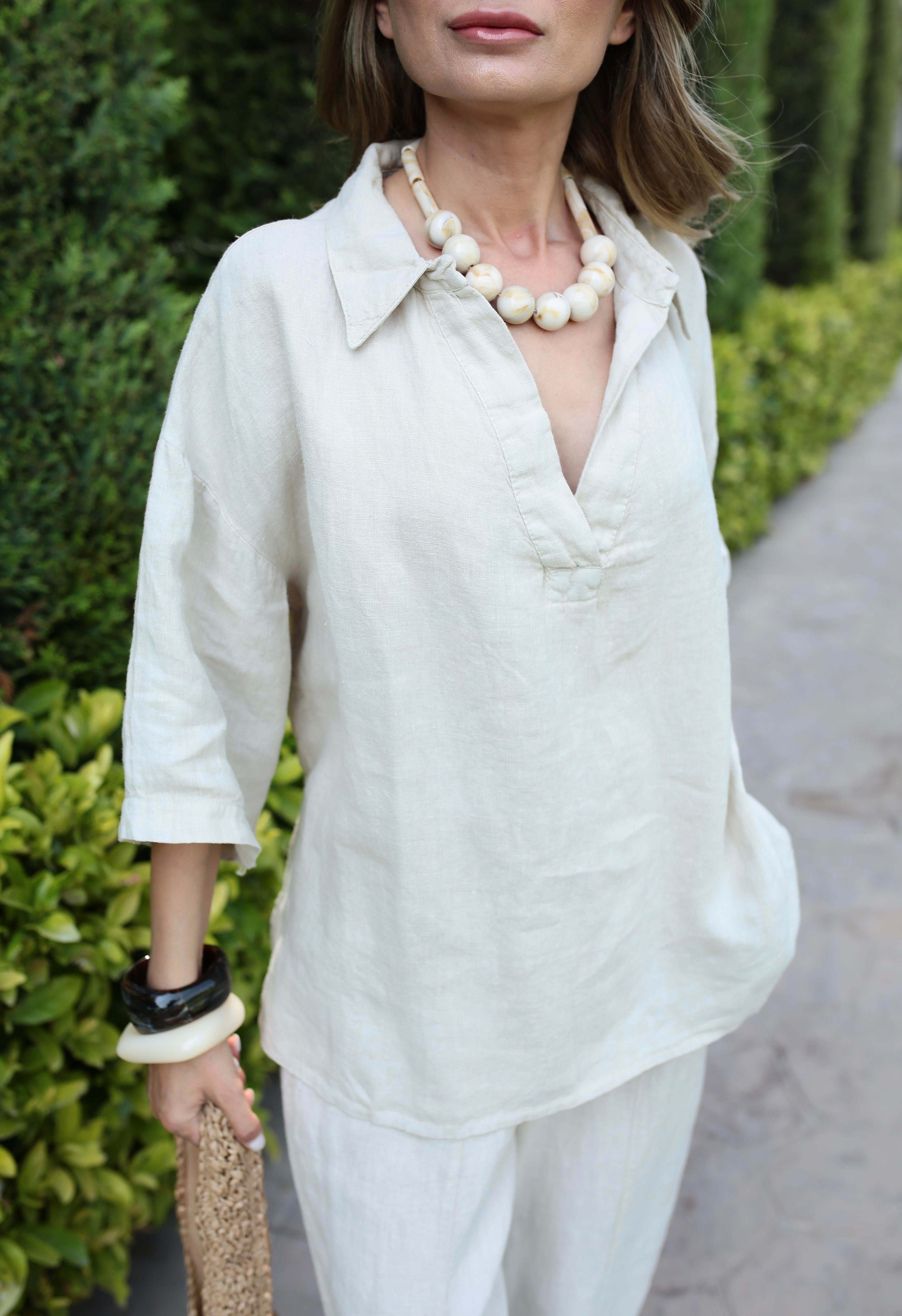 V Yaka Şalvar Kesim Taş Keten Takım TAKIM | NO33