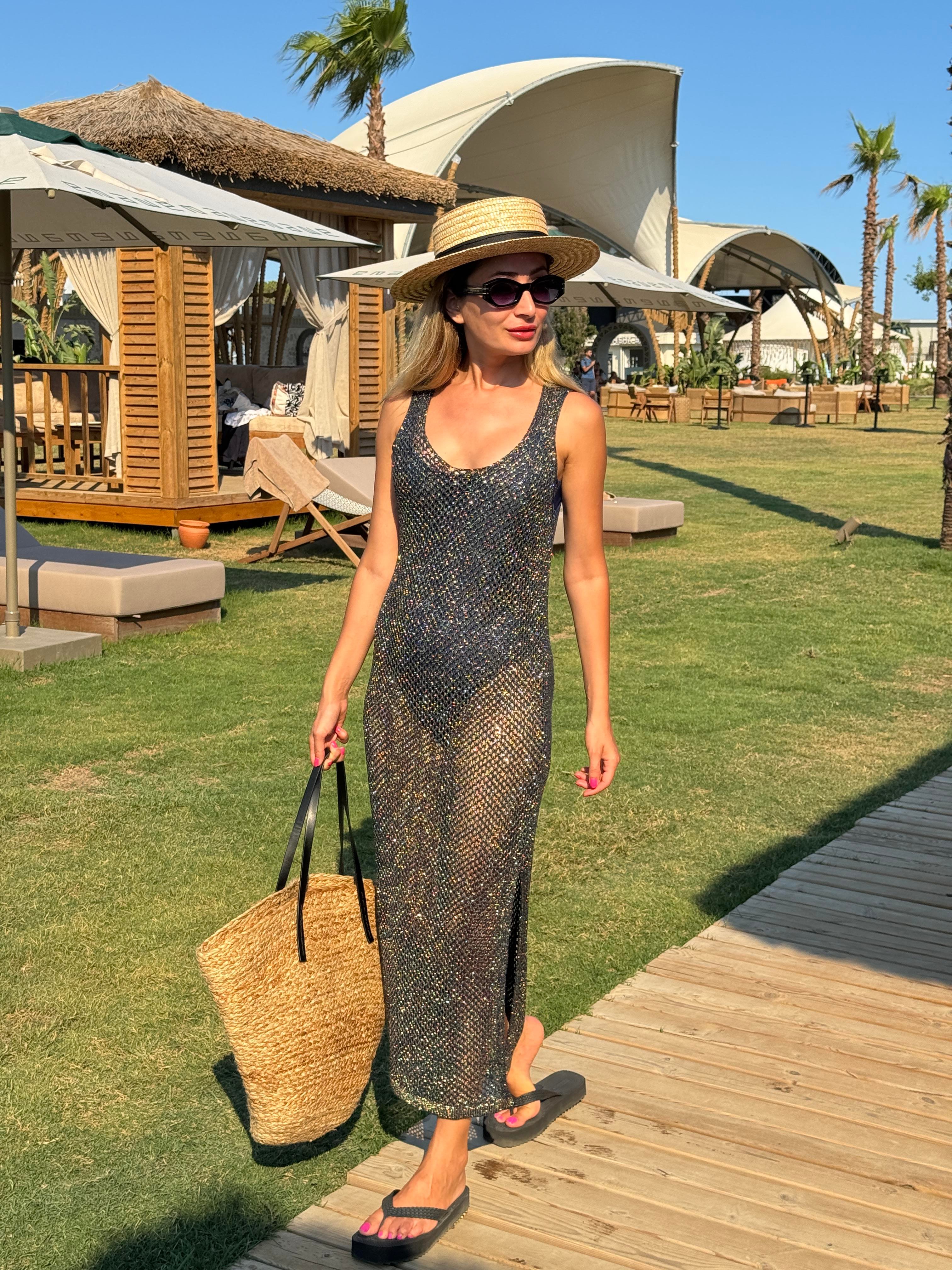 V Yaka Simli Ajurlu Triko Elbise ELBİSE