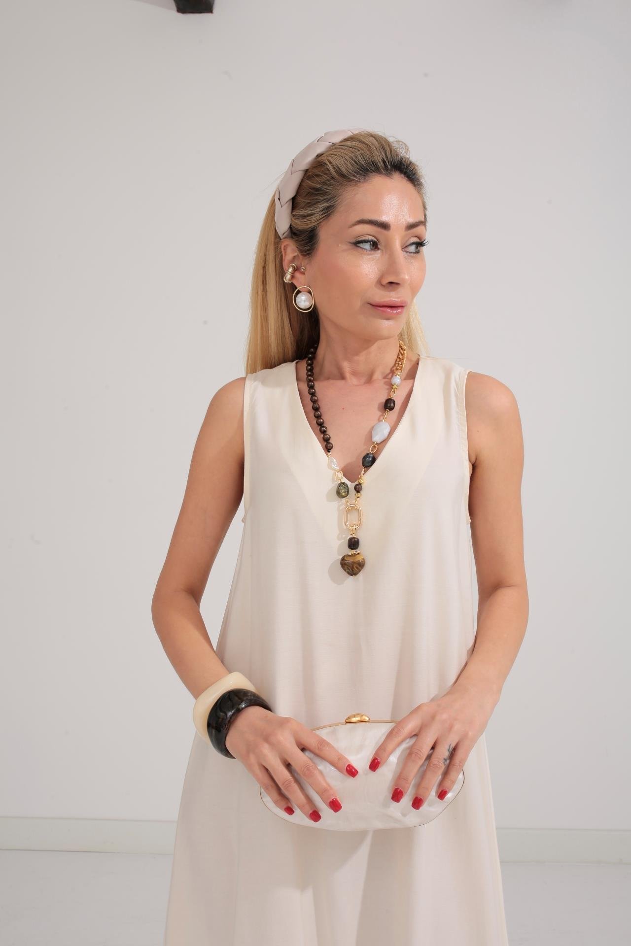 V Yaka Uzun Ekru Elbise ELBİSE | NO33