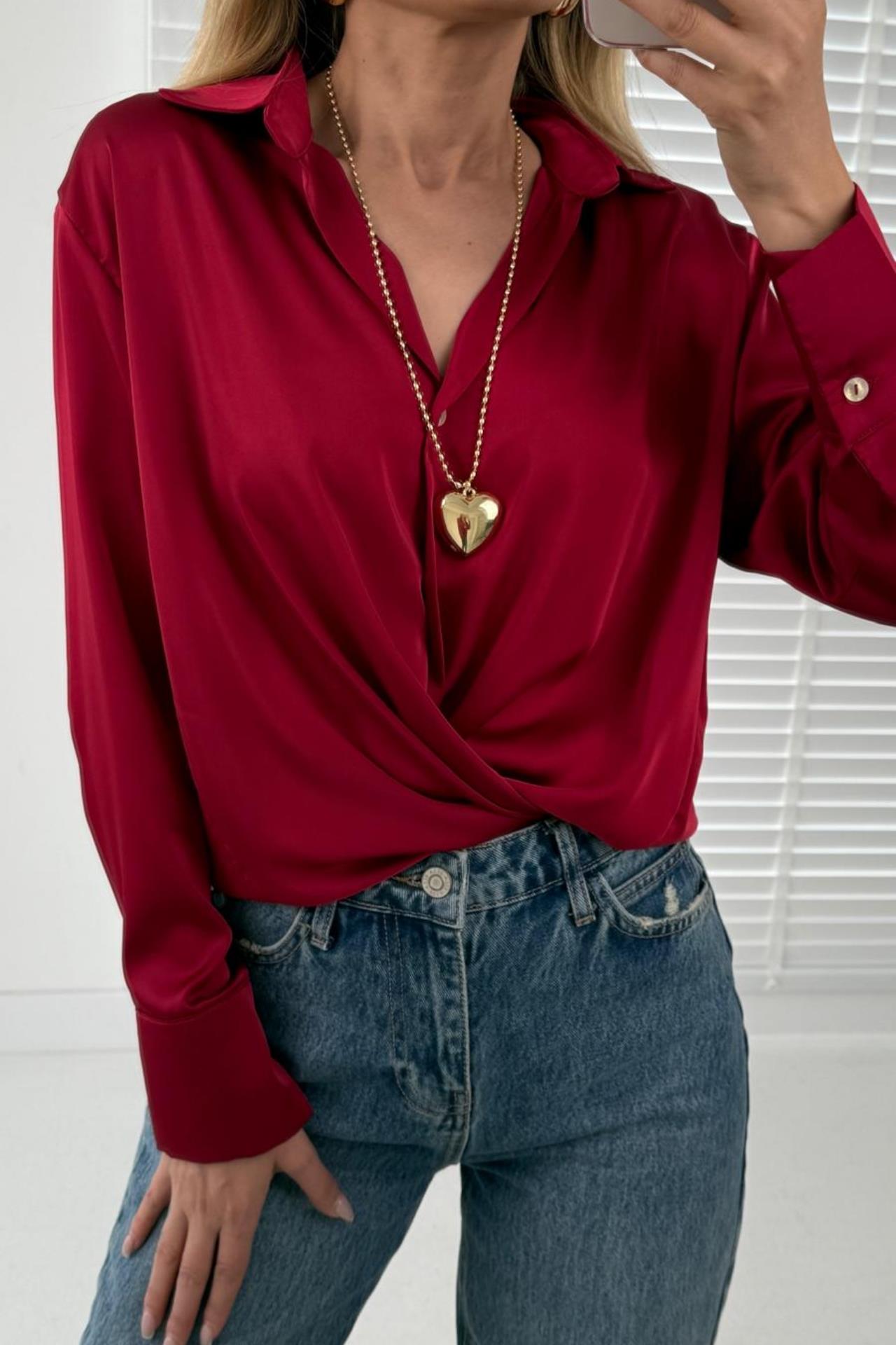 V Yakalı Bordo Saten Gömlek GÖMLEK