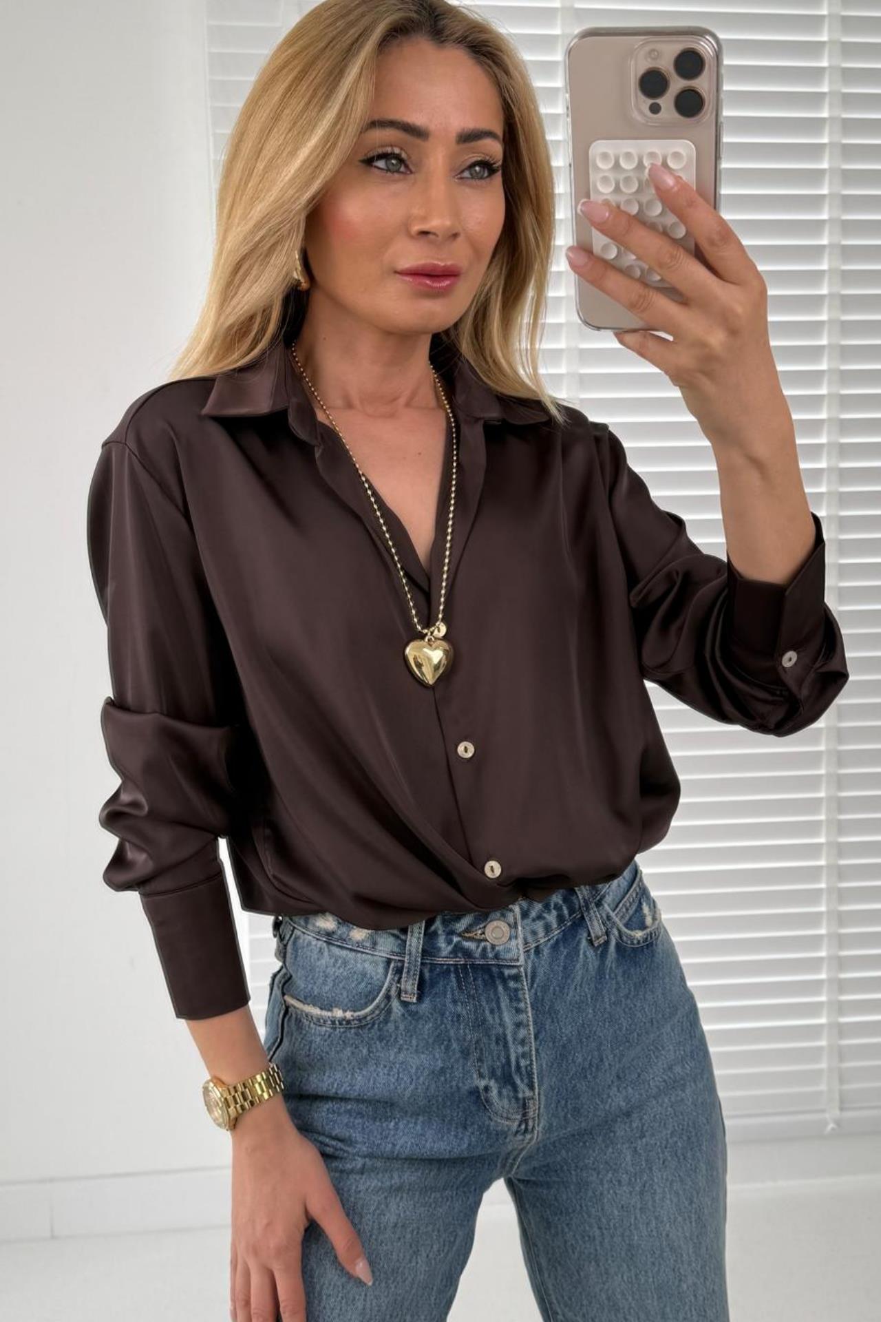 V Yakalı Kahve Saten Gömlek GÖMLEK