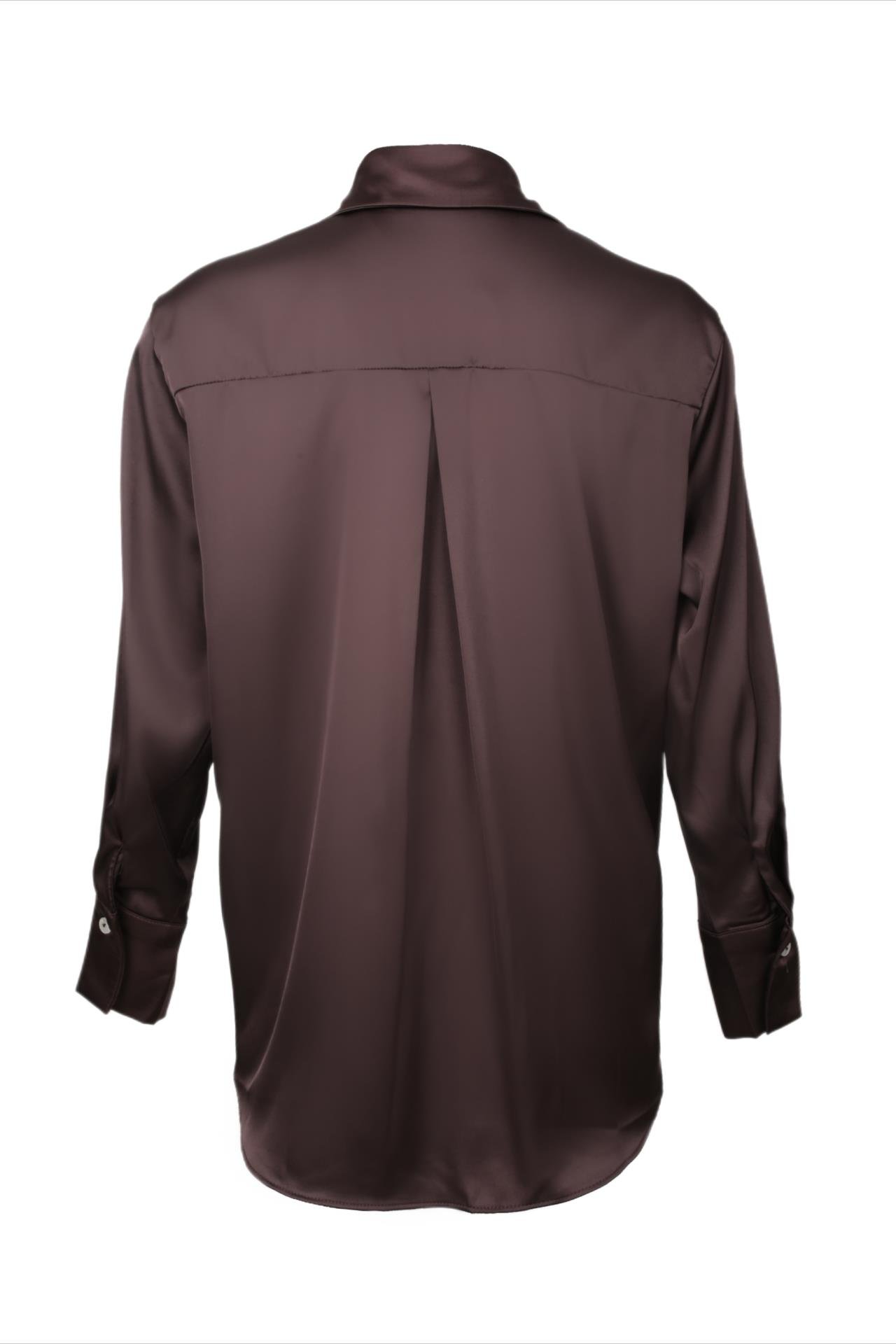 V Yakalı Kahve Saten Gömlek GÖMLEK