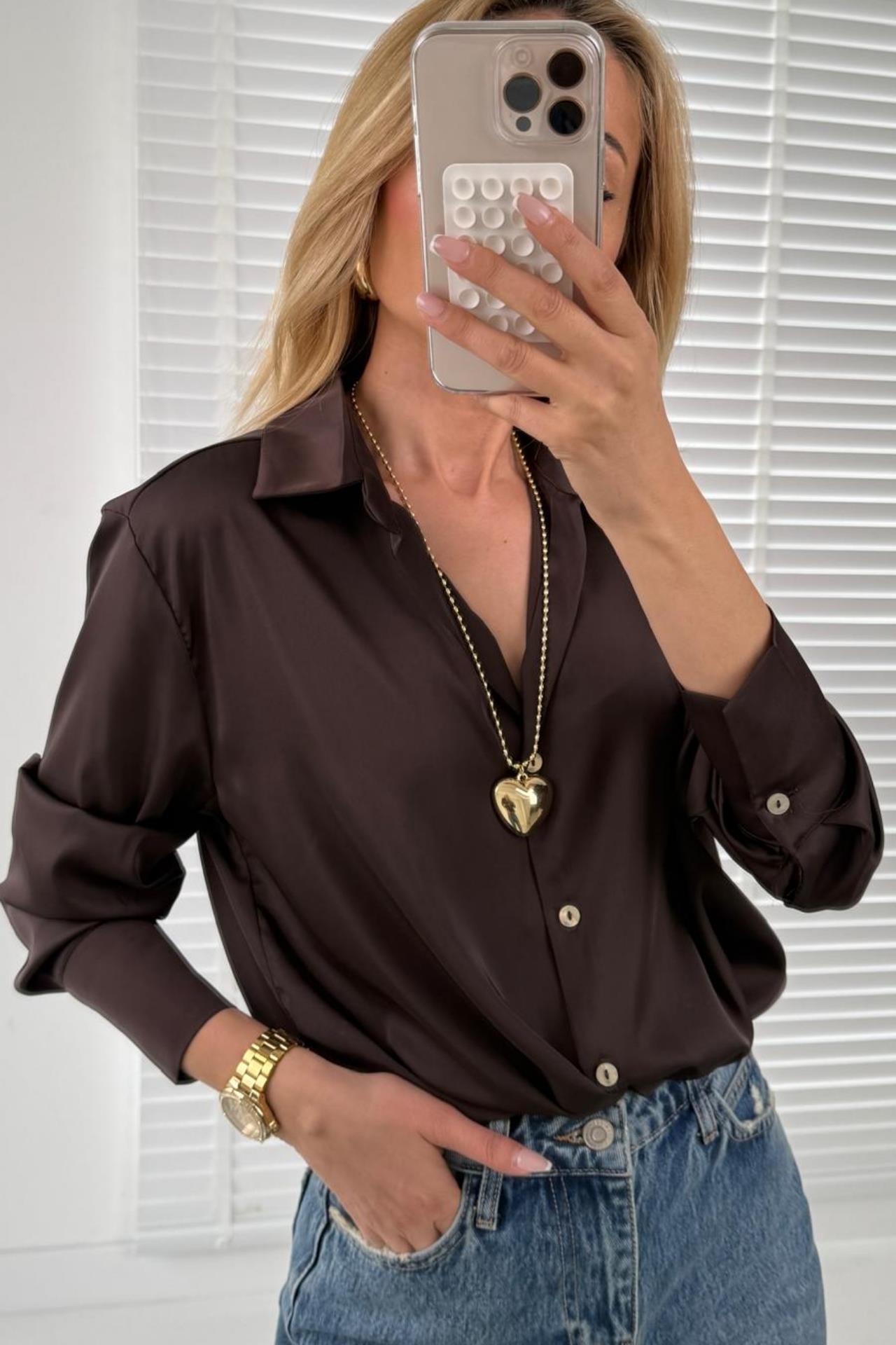 V Yakalı Kahve Saten Gömlek GÖMLEK