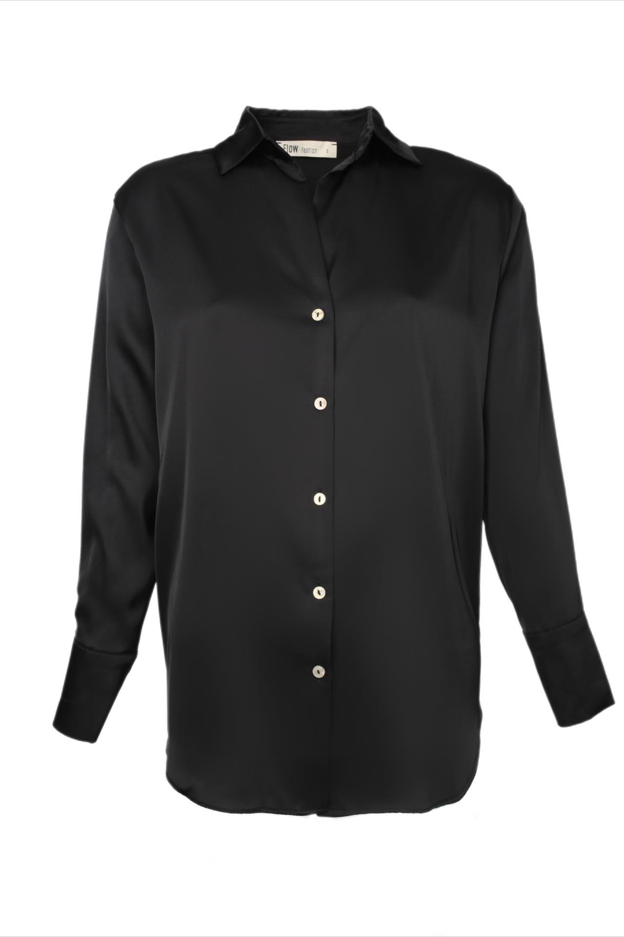 V Yakalı Siyah Saten Gömlek GÖMLEK