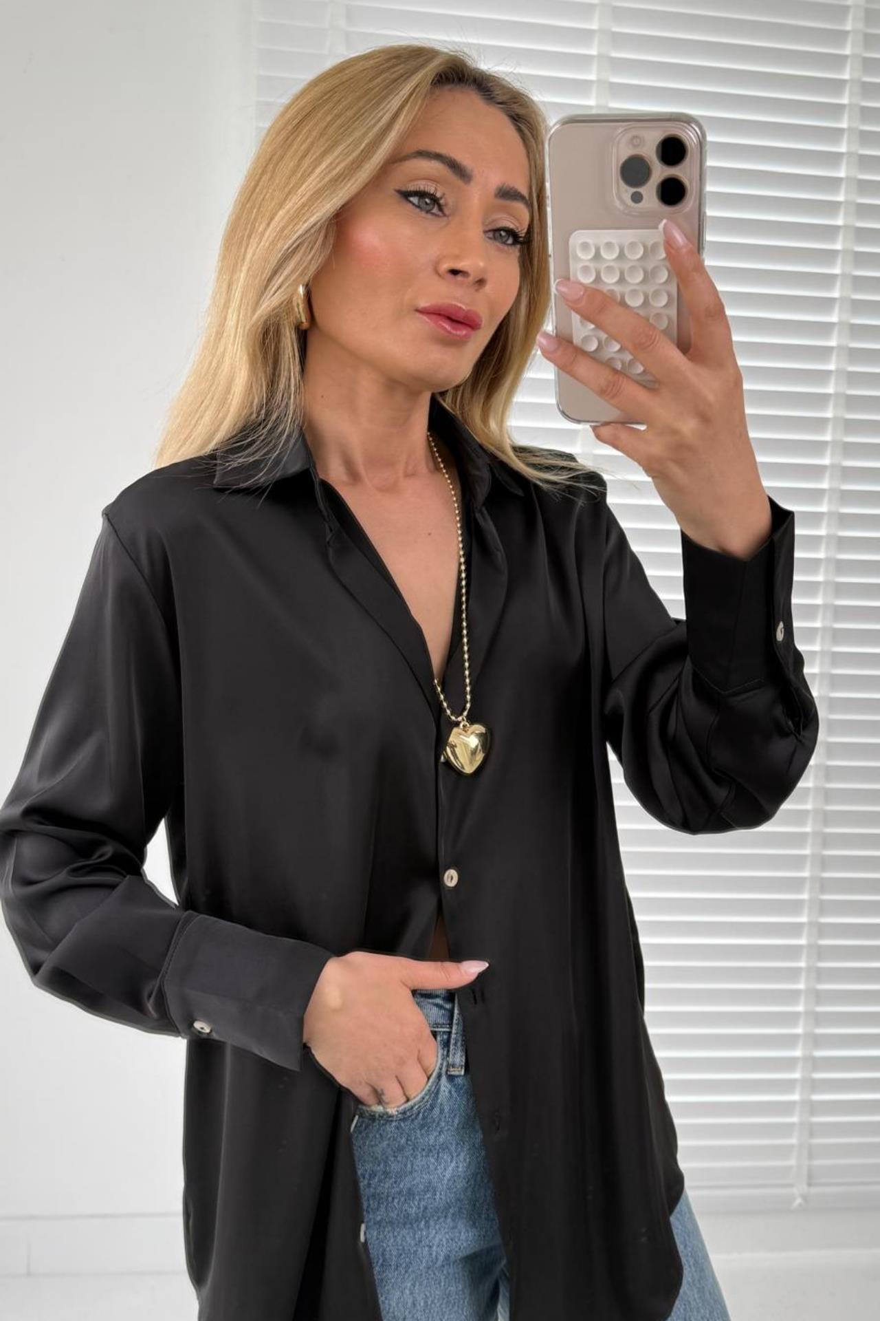 V Yakalı Siyah Saten Gömlek GÖMLEK