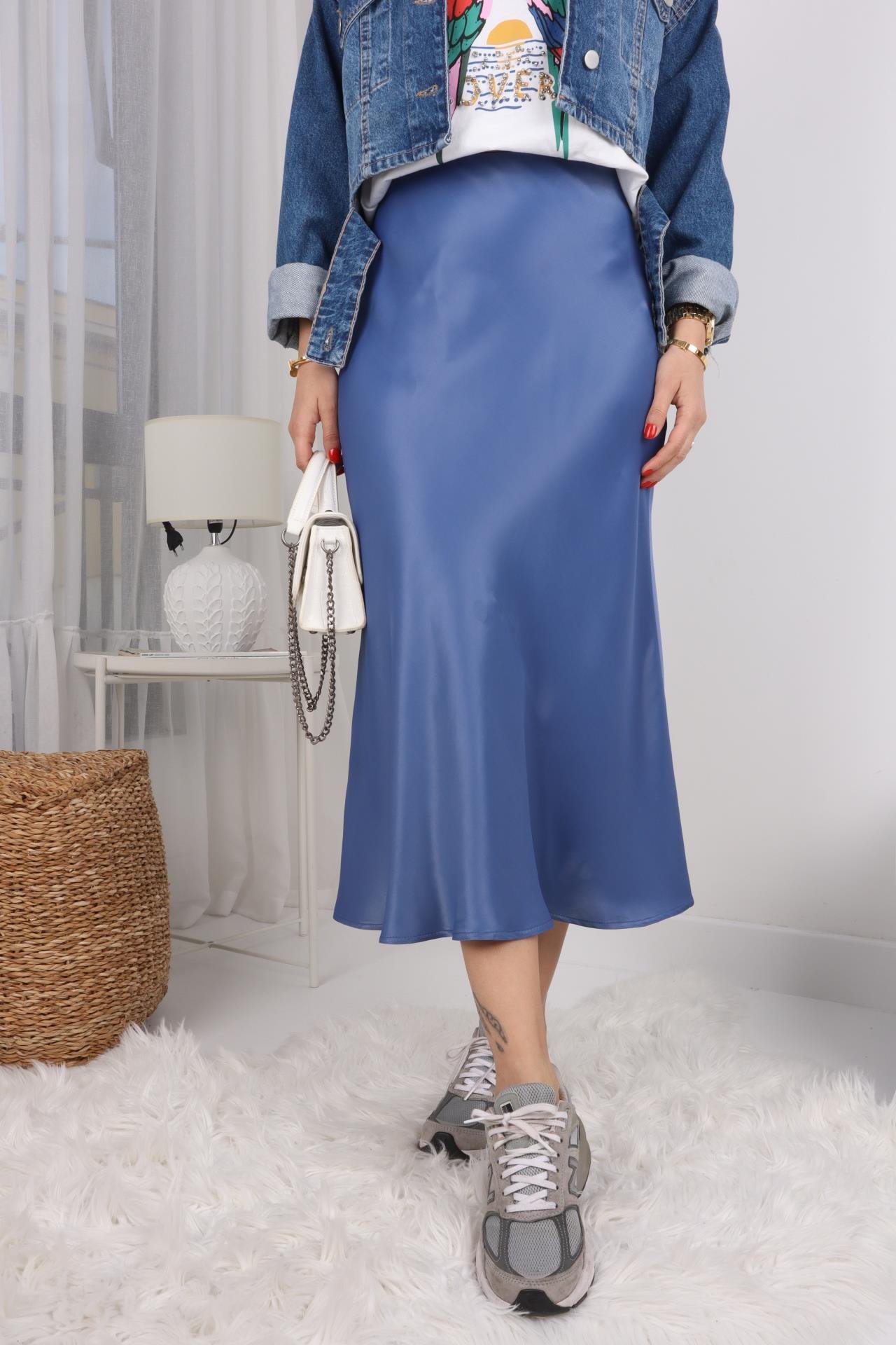 Verev Kesim İndigo Saten Etek ETEK