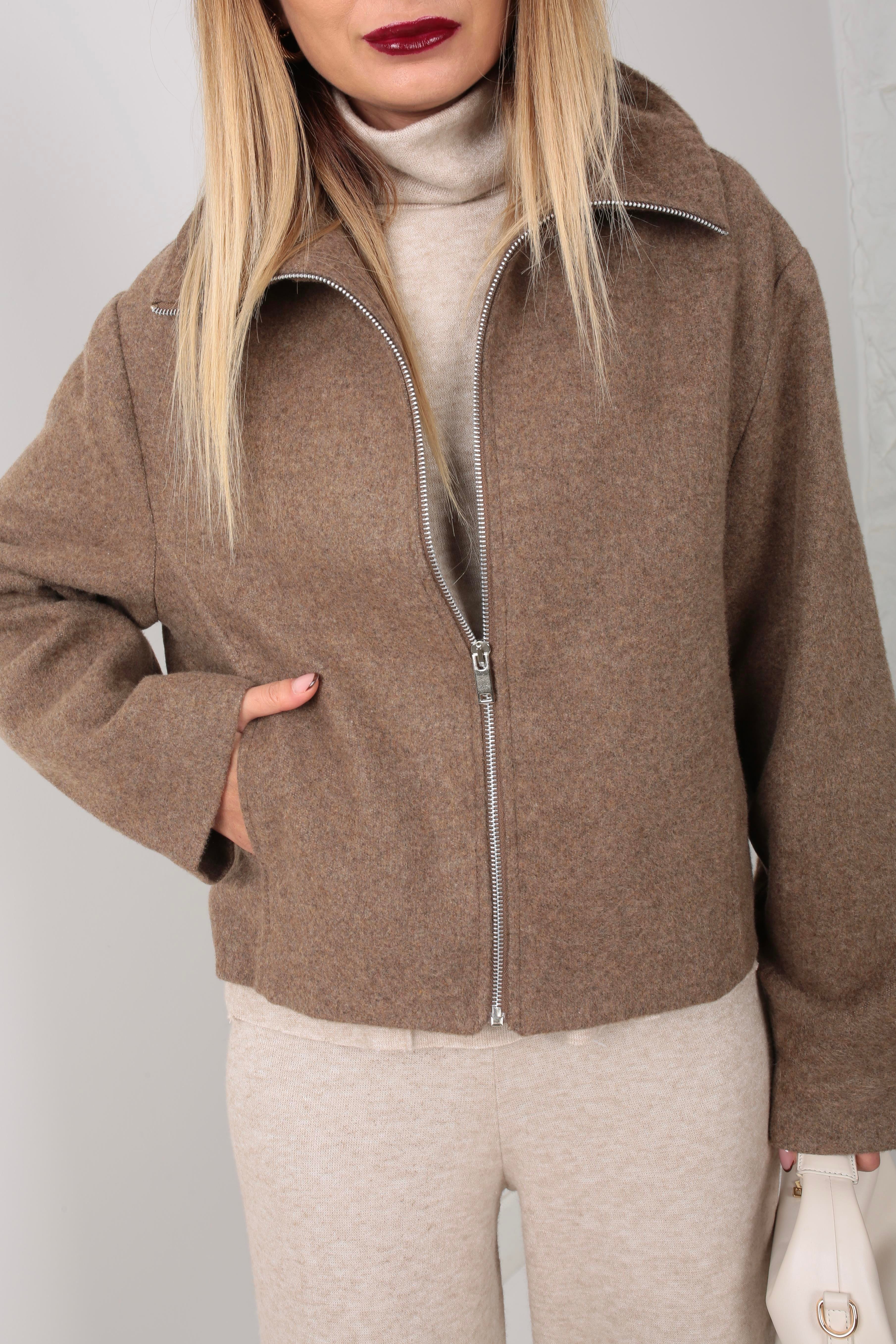 Vizon Dik Yaka Fermuarlı Kısa Kaşe Ceket CEKET