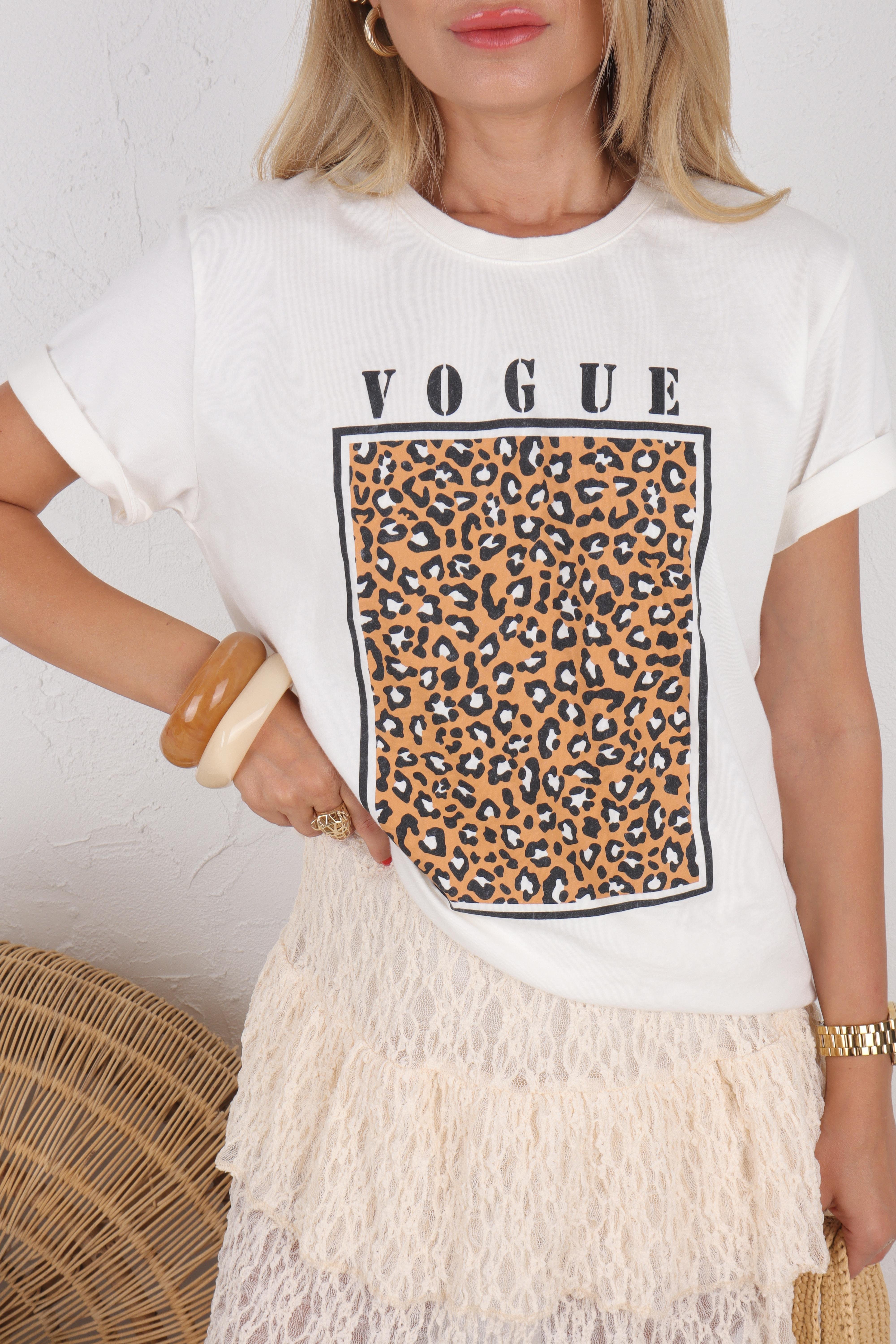 Vouge Baskılı Leopar desen Ekru Tshirt T-SHİRT