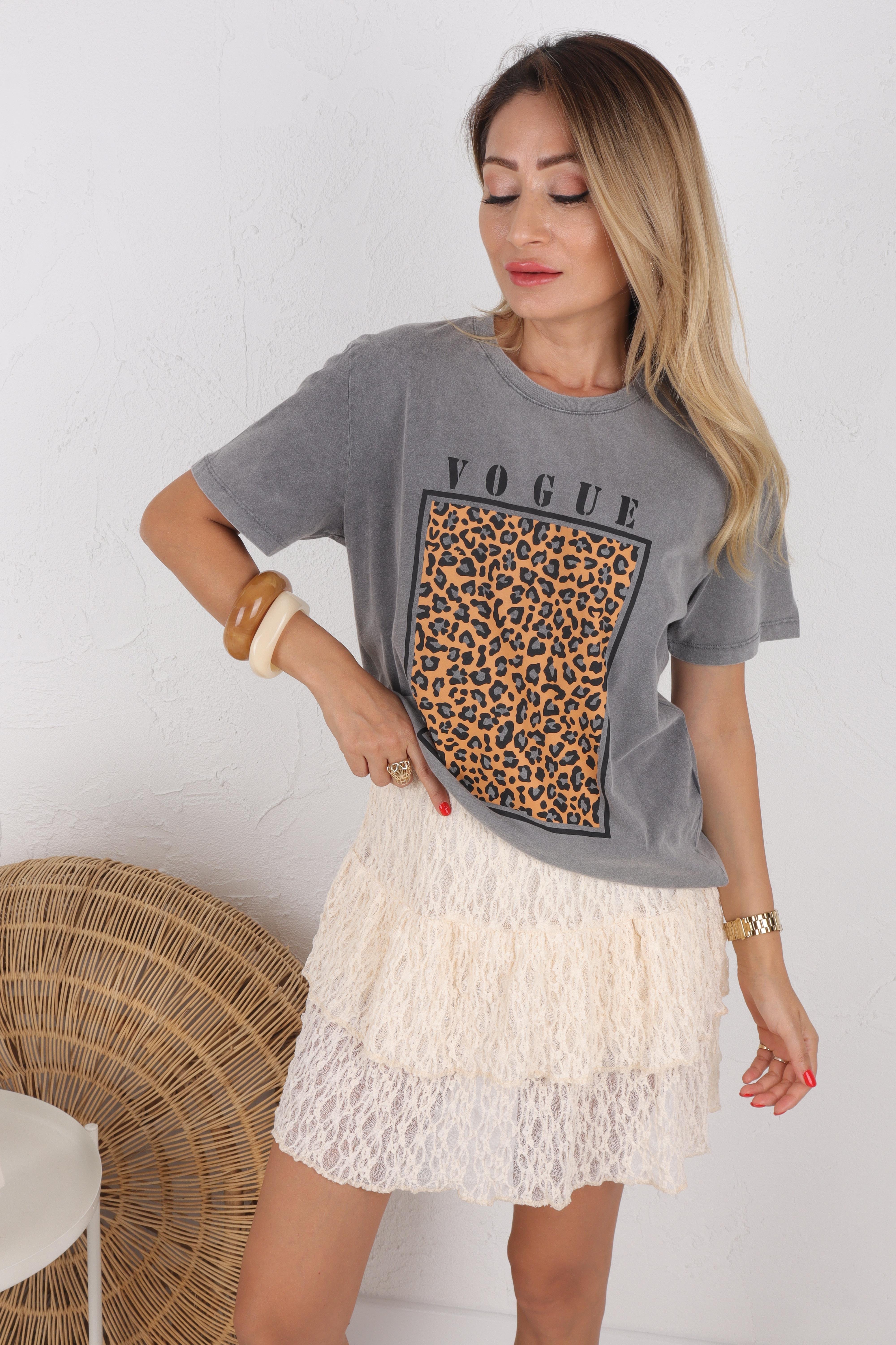 Vouge Baskılı Leopar desen Gri Tshirt T-SHİRT