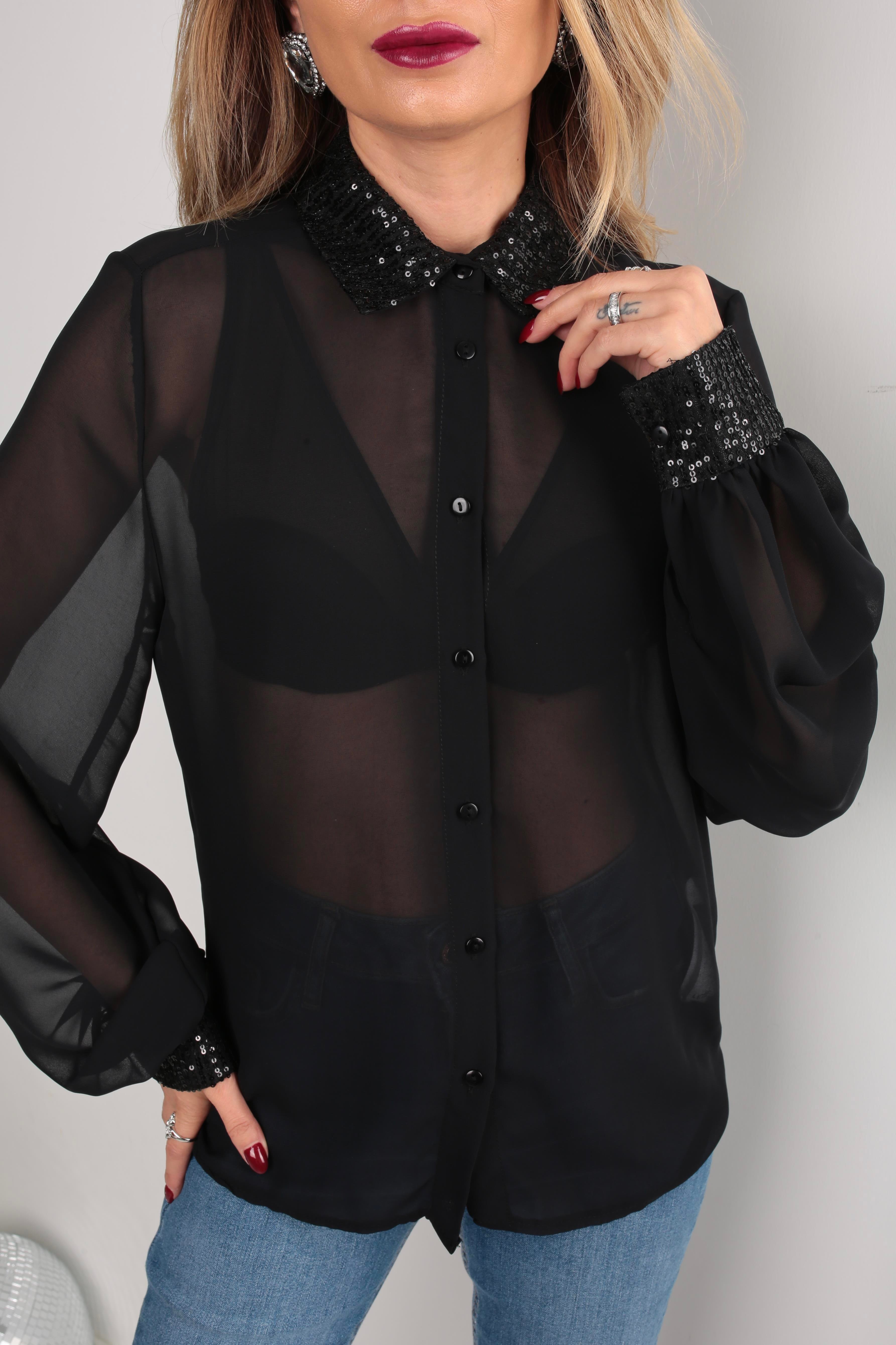Yakası Payetli Şifon Gömlek GÖMLEK